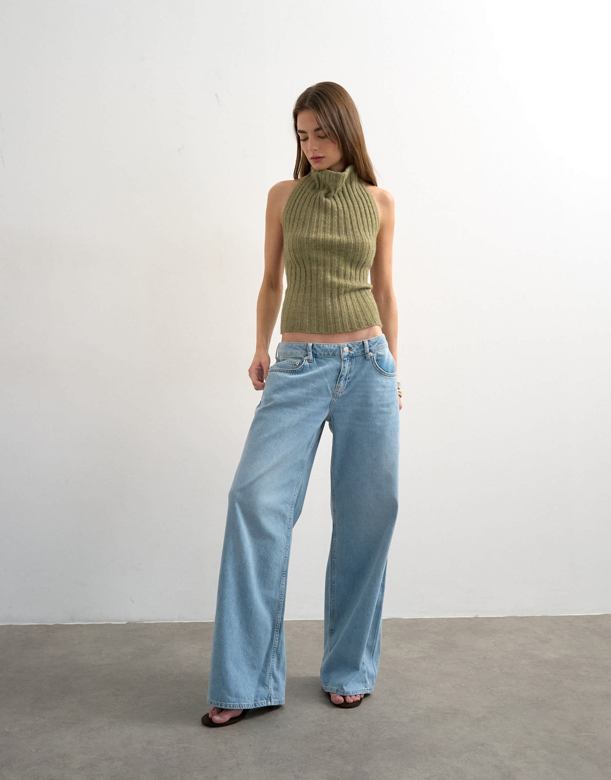 Topshop knitted drape neck low back top in khaki