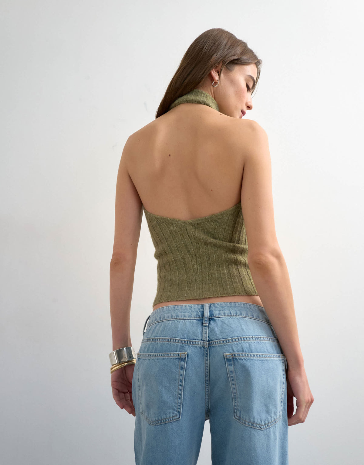 Topshop knitted drape neck low back top in khaki