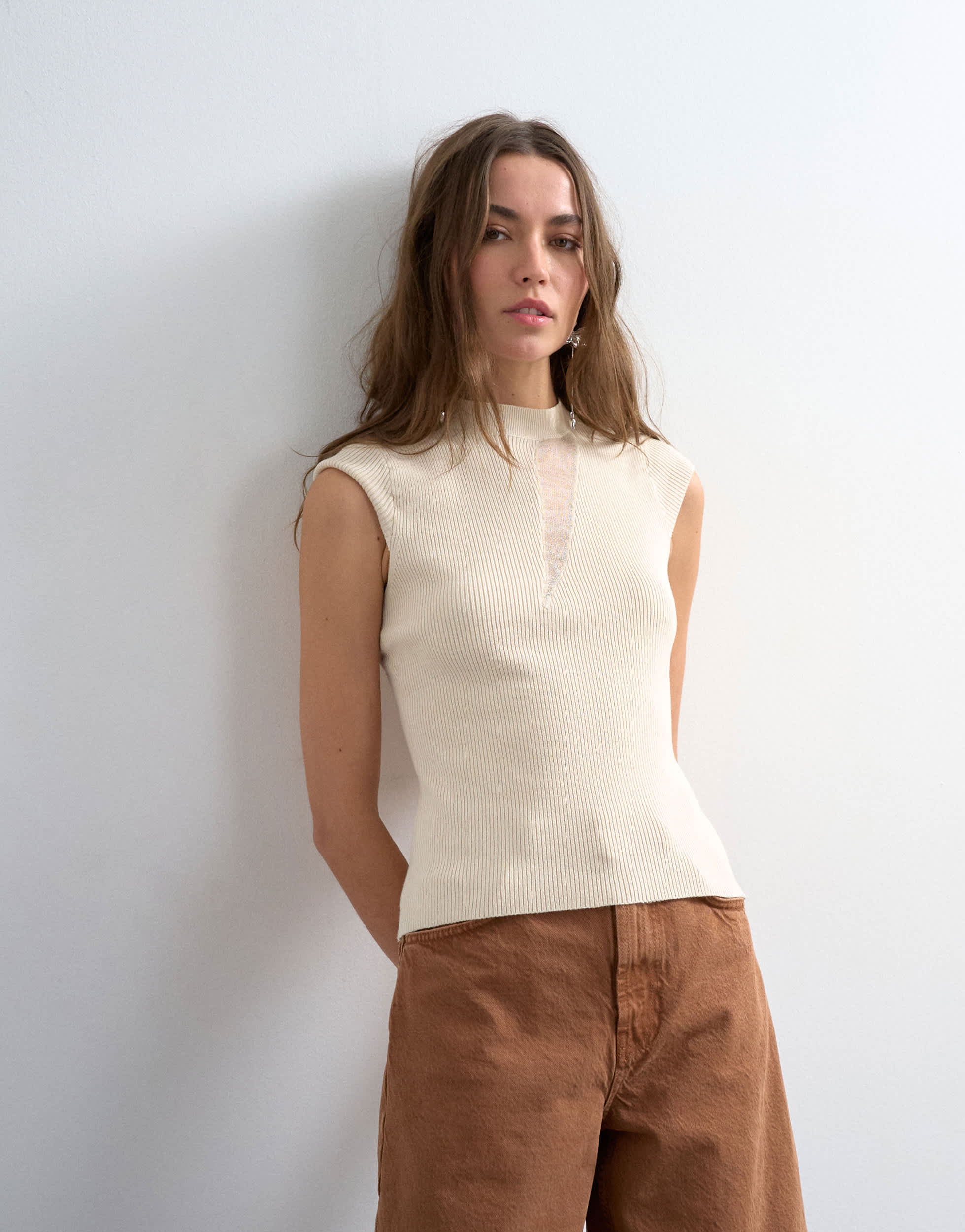 Topshop knitted sheer mix cap sleeve top in ivory