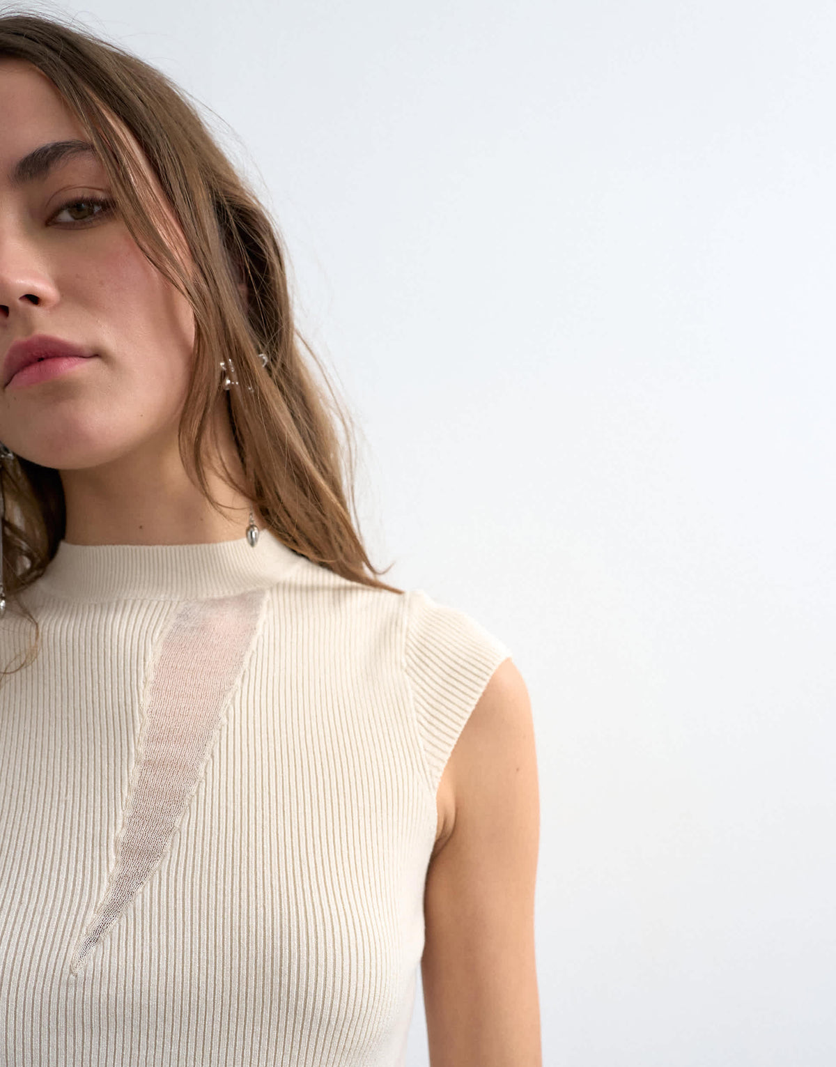 Topshop knitted sheer mix cap sleeve top in ivory