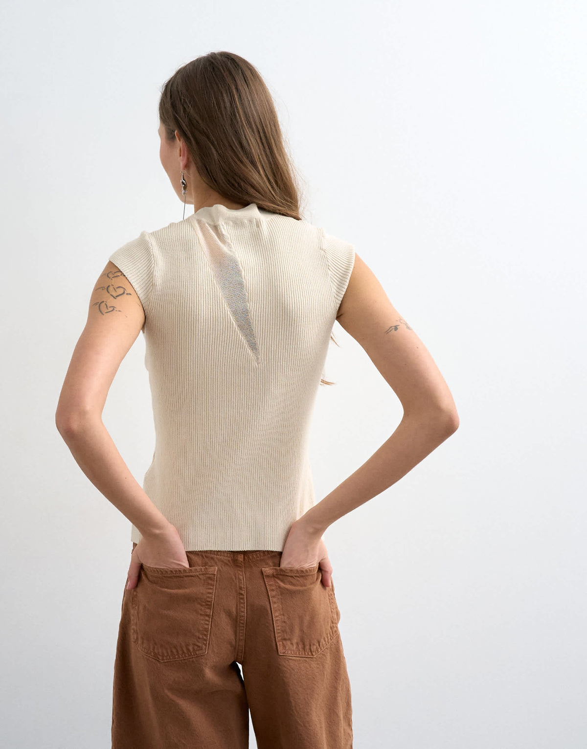 Topshop knitted sheer mix cap sleeve top in ivory
