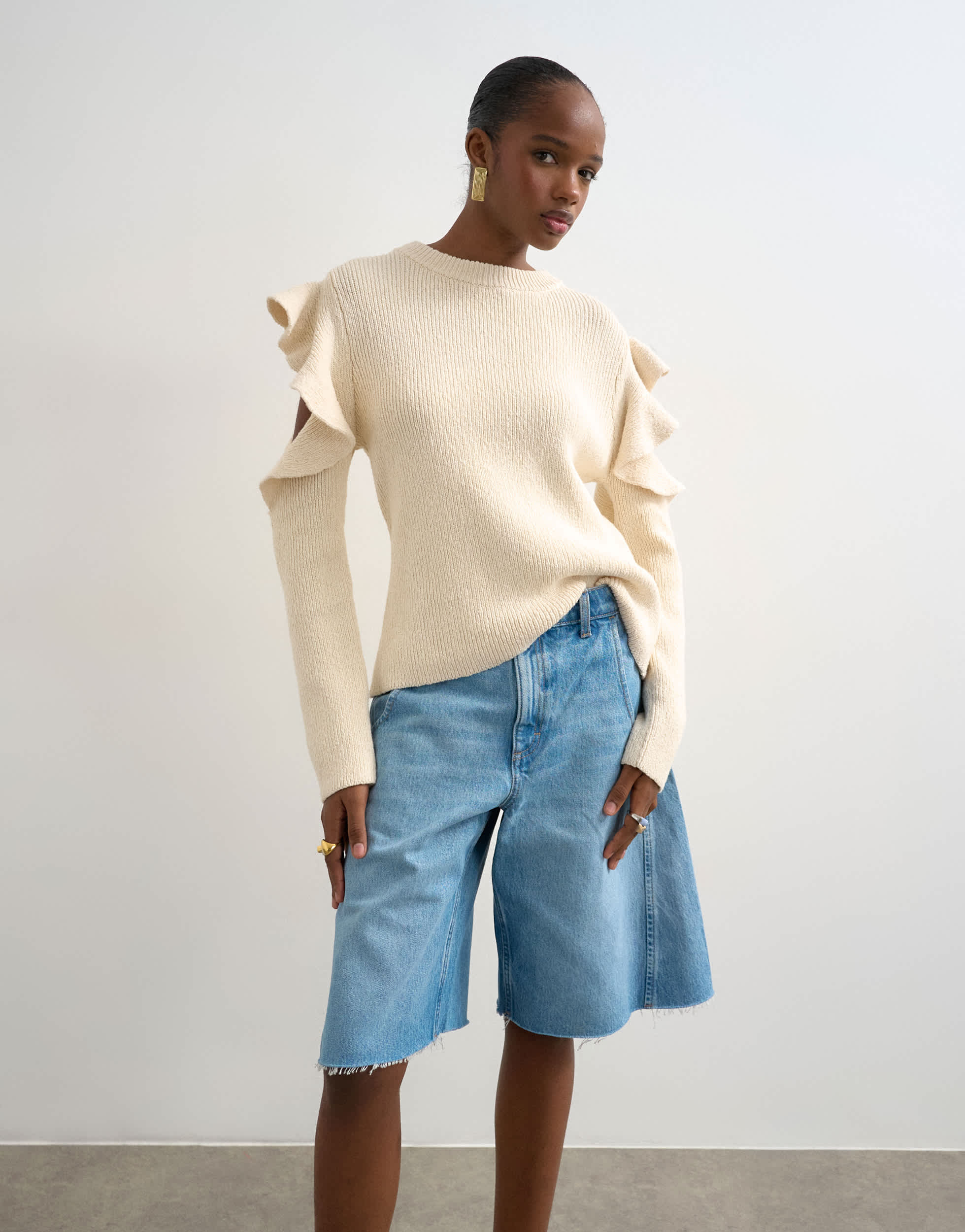 Topshop knitted frill sleeve jumper in ivory
