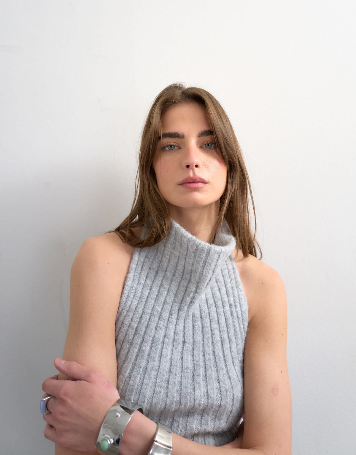 Topshop knitted drape neck low back top in grey