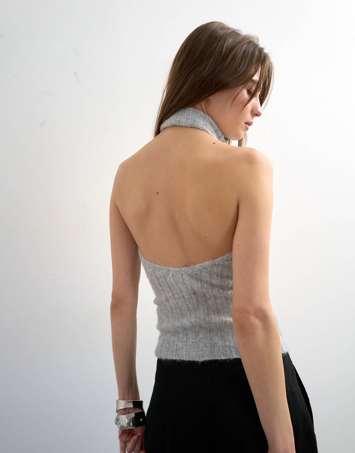 Topshop knitted drape neck low back top in grey
