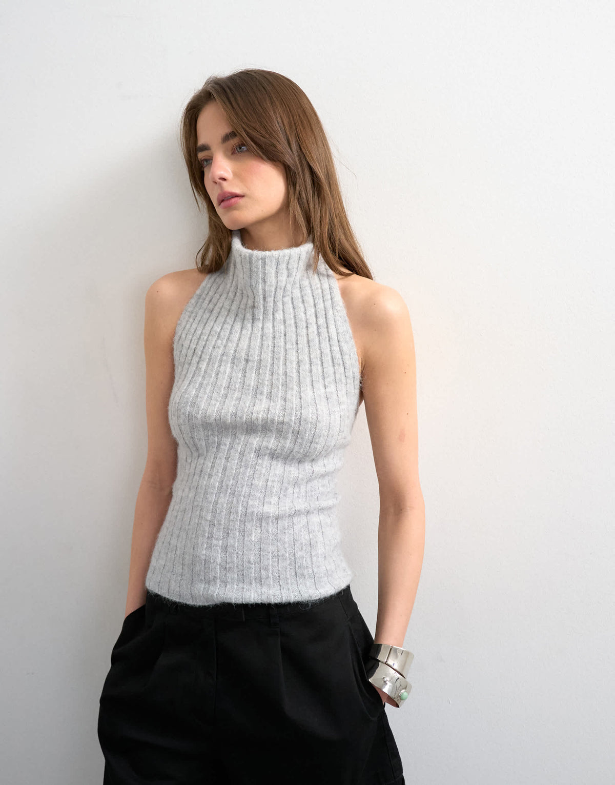 Topshop knitted drape neck low back top in grey