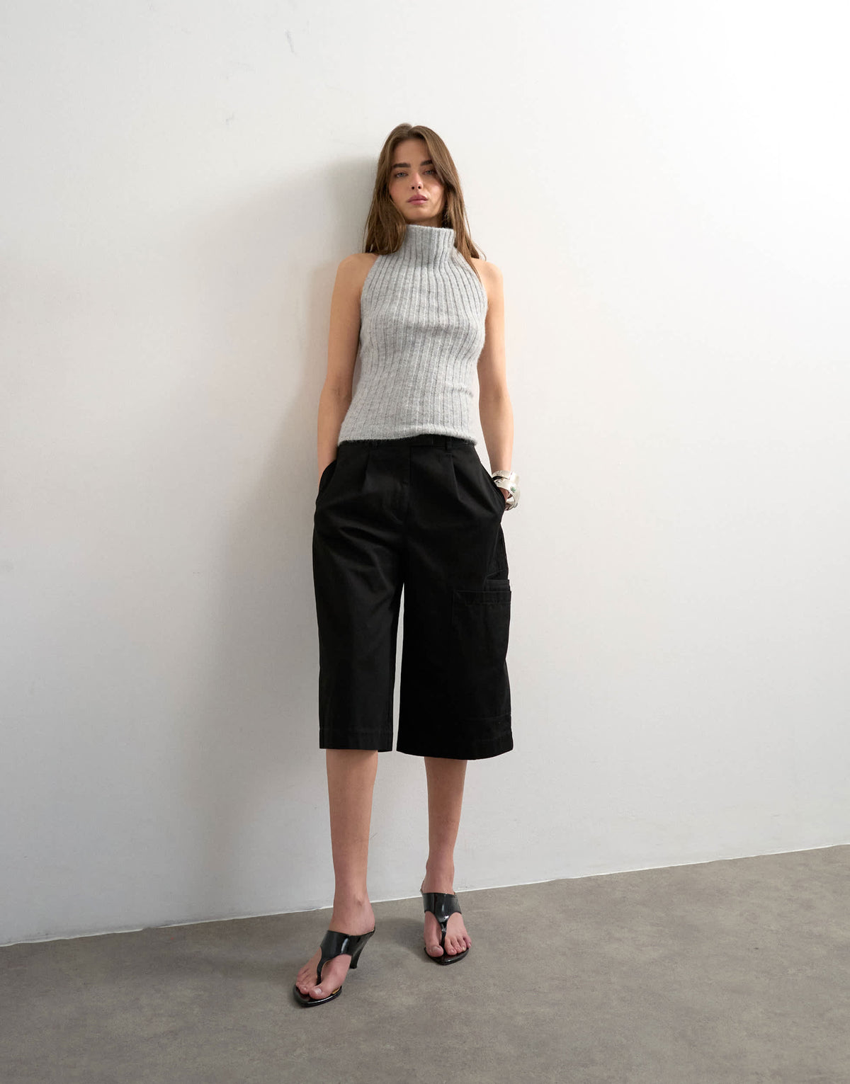 Topshop knitted drape neck low back top in grey