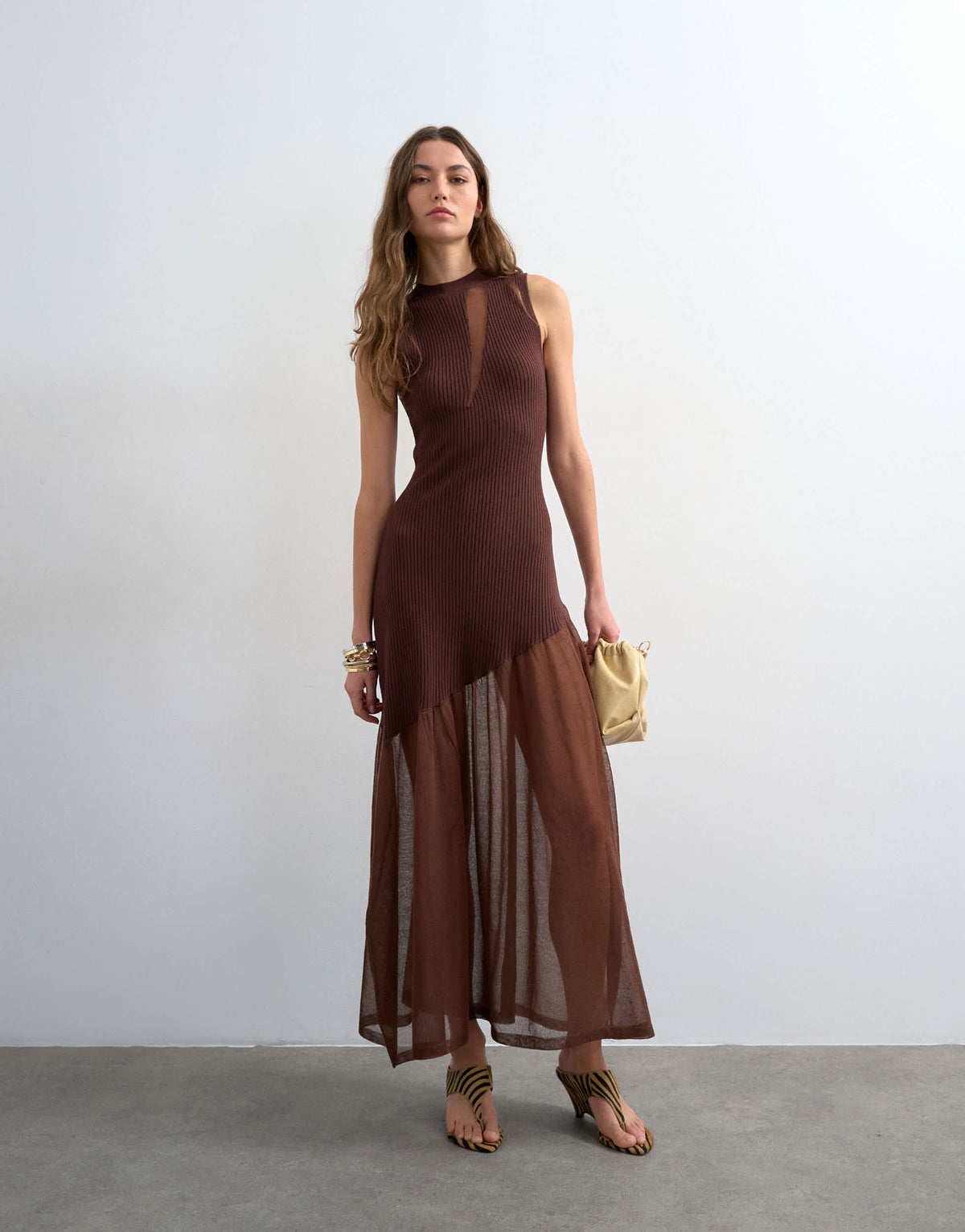 Topshop knitted sheer mix dress in chocolate 