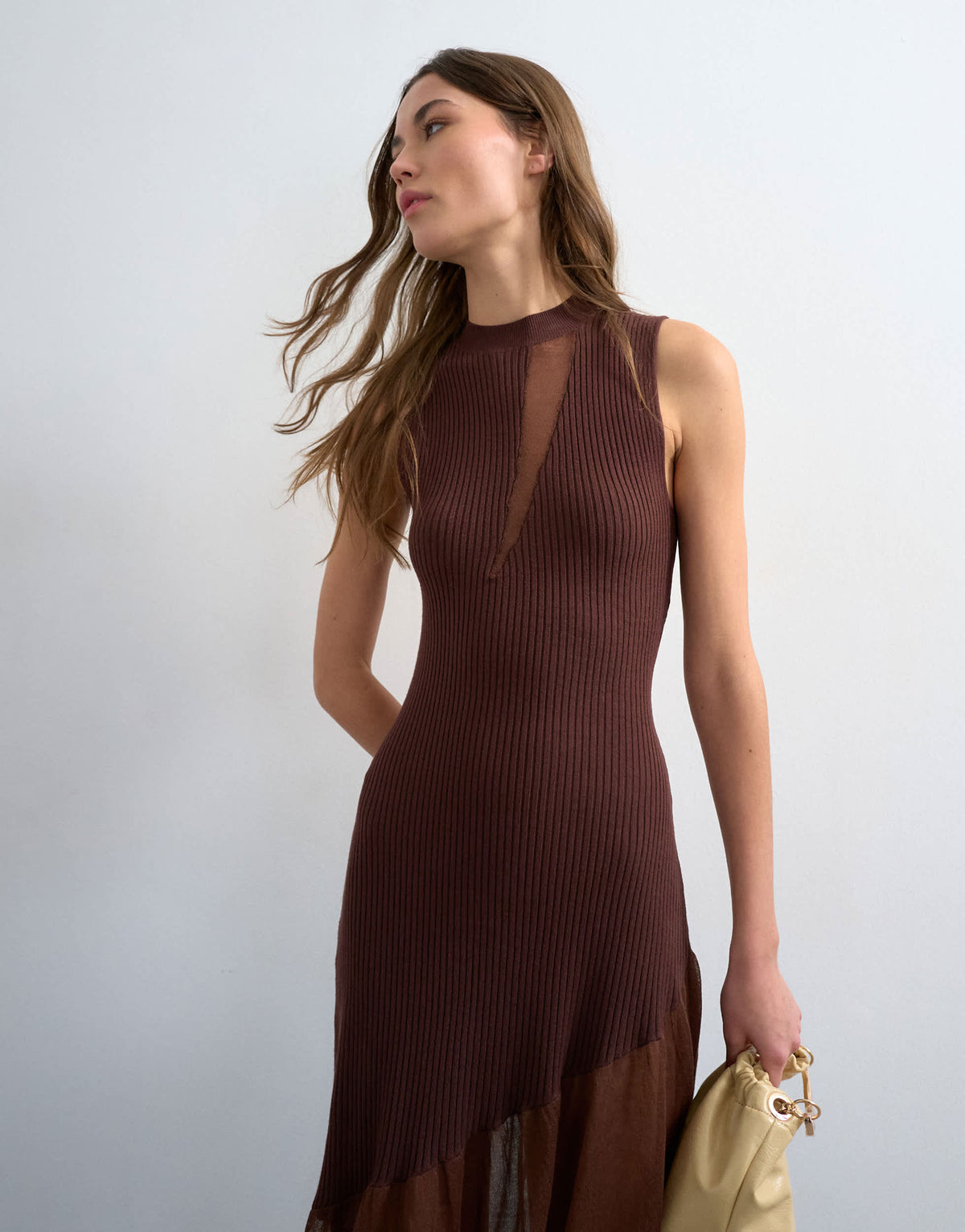 Topshop knitted sheer mix dress in chocolate 