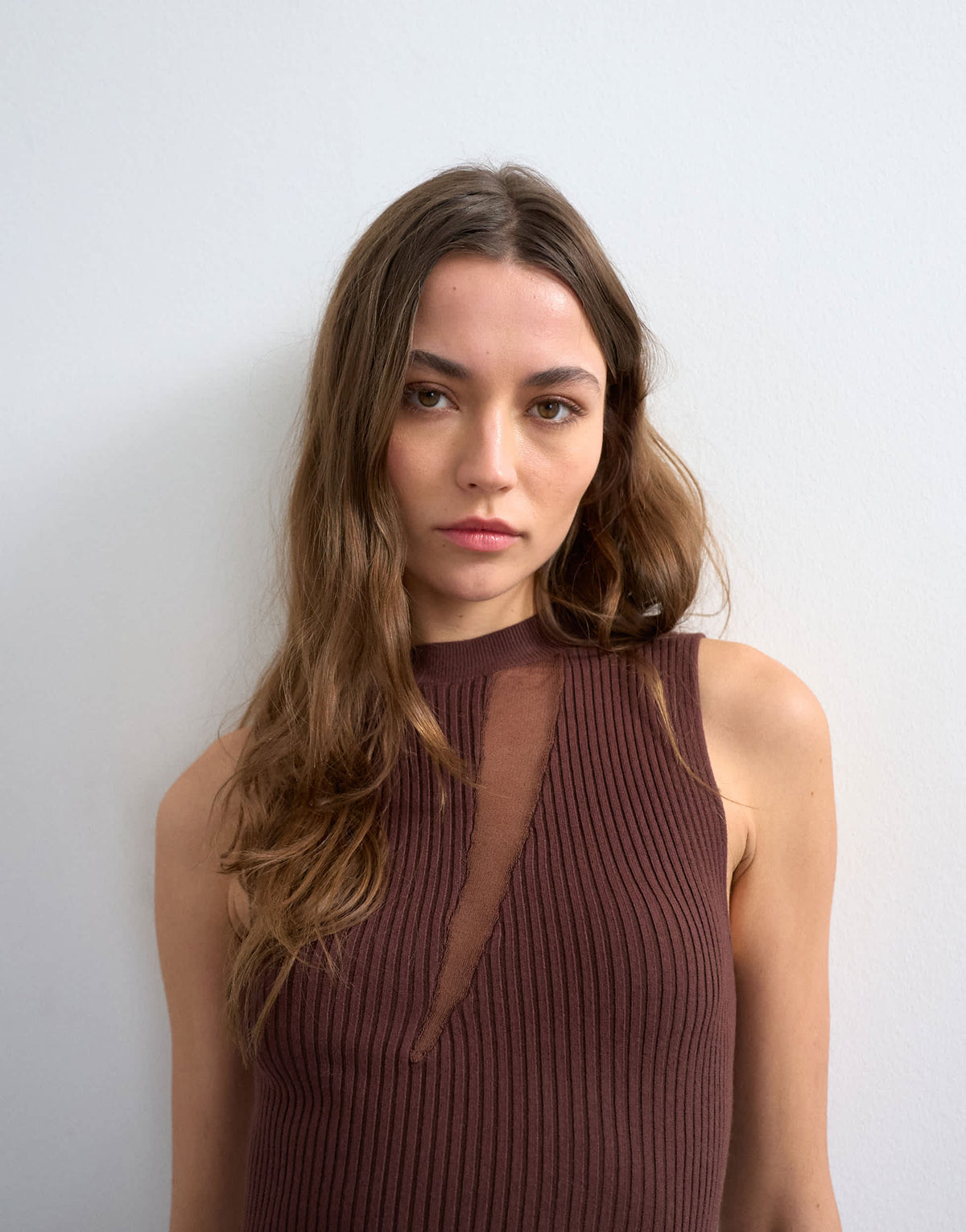 Topshop knitted sheer mix dress in chocolate 