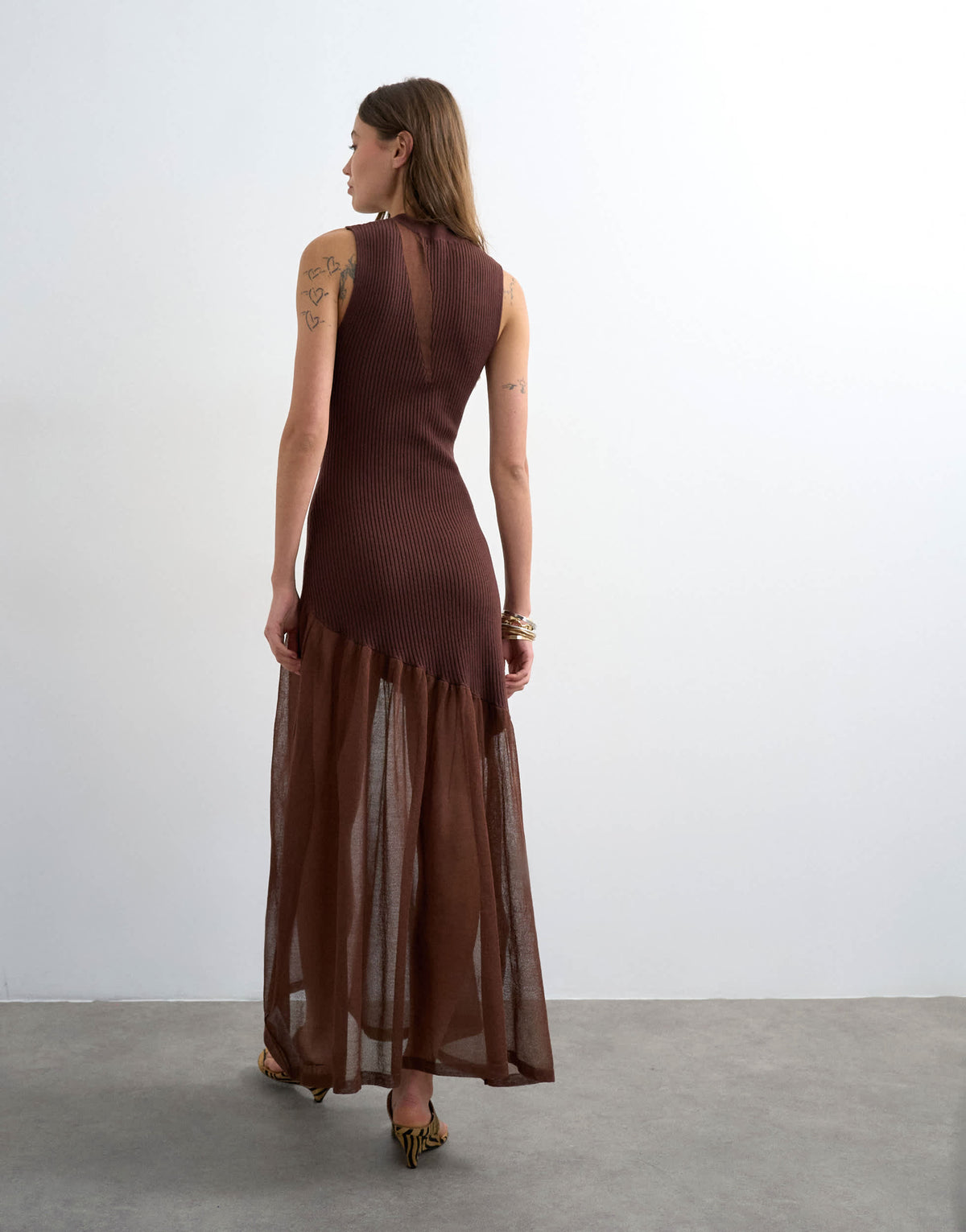 Topshop knitted sheer mix dress in chocolate 