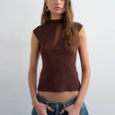 Topshop knitted sheer mix cap sleeve top in chocolate