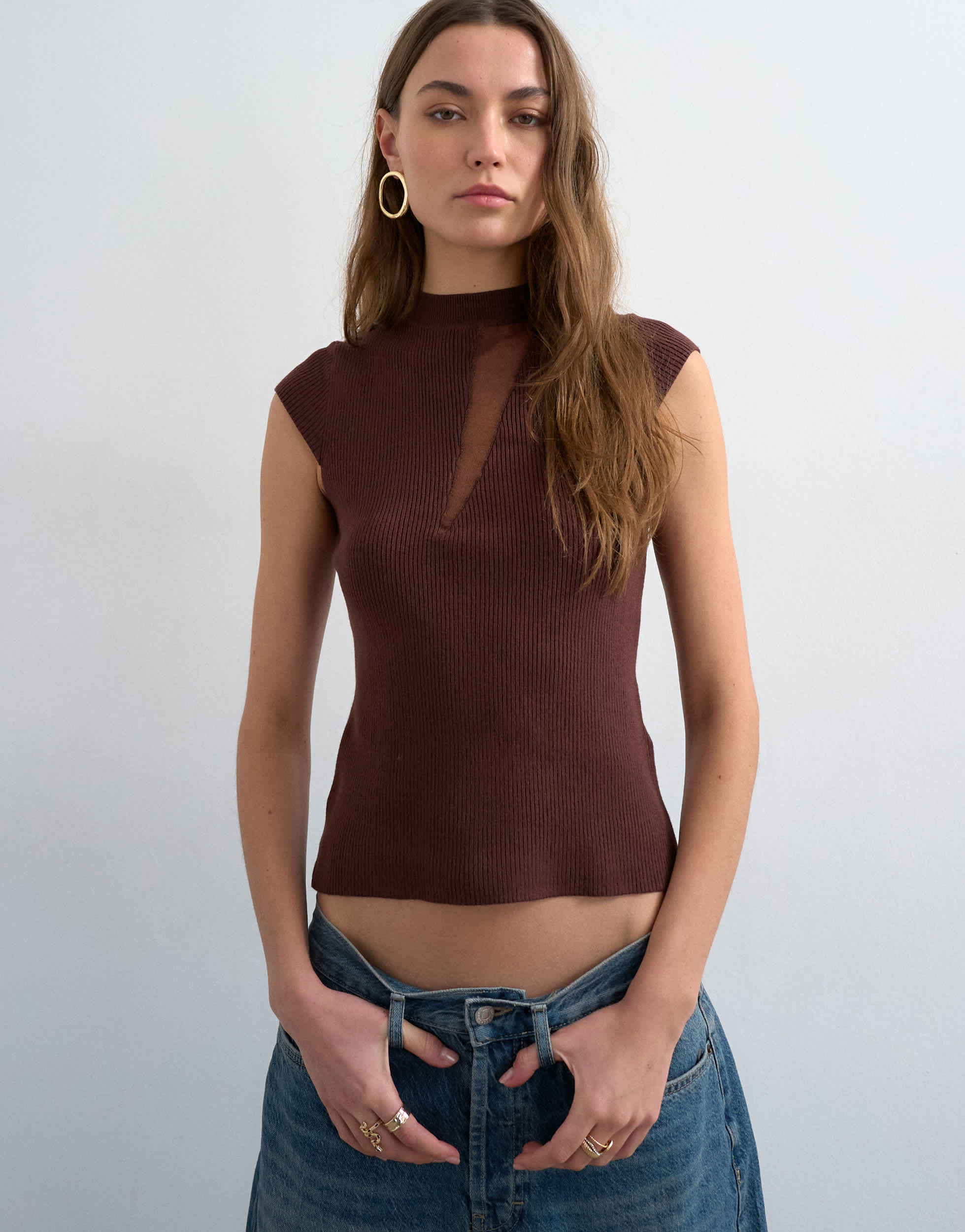 Topshop knitted sheer mix cap sleeve top in chocolate