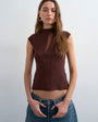 Topshop knitted sheer mix cap sleeve top in chocolate