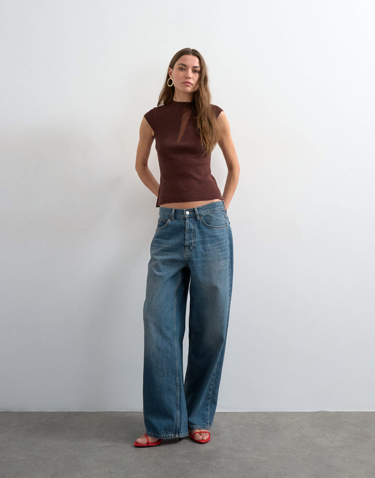 Topshop knitted sheer mix cap sleeve top in chocolate