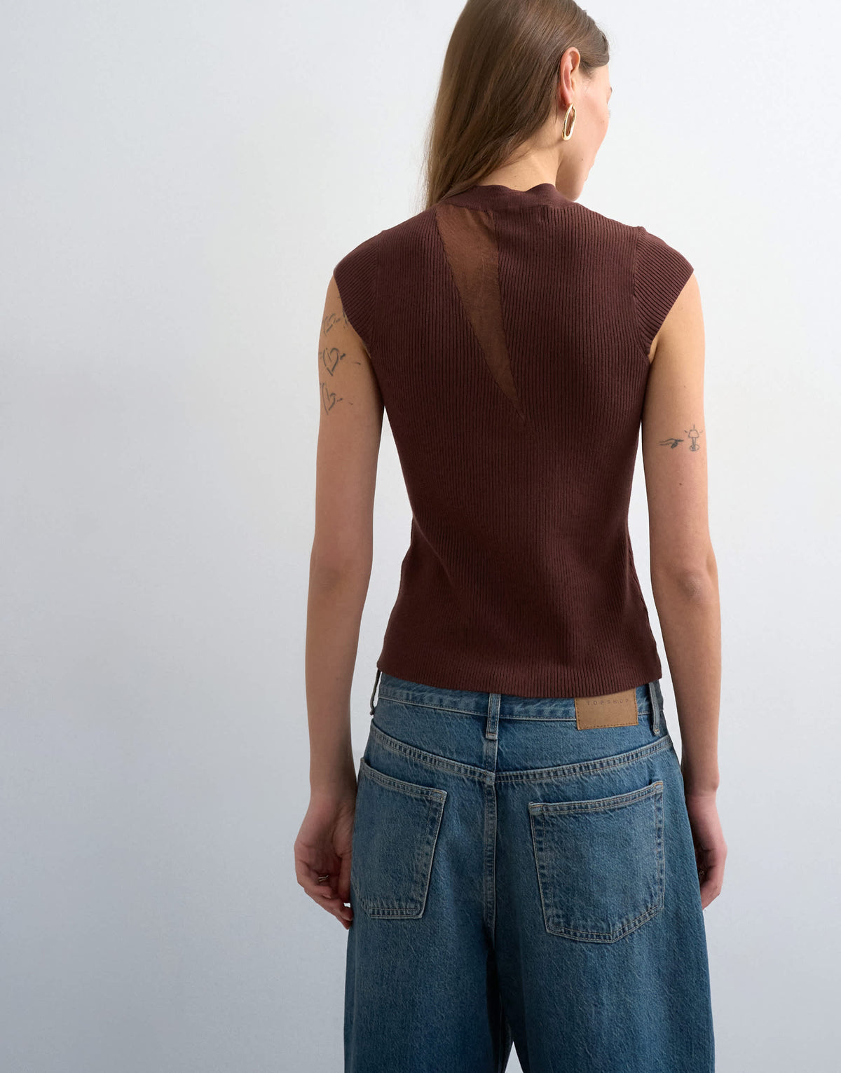 Topshop knitted sheer mix cap sleeve top in chocolate