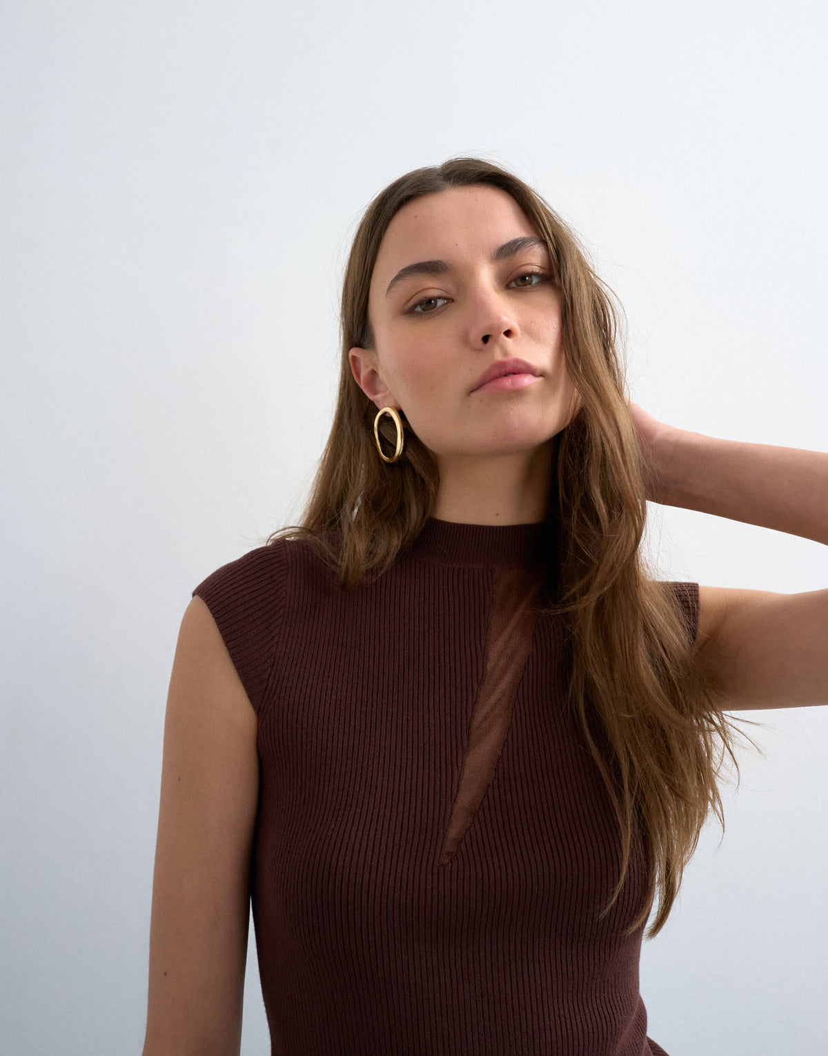 Topshop knitted sheer mix cap sleeve top in chocolate