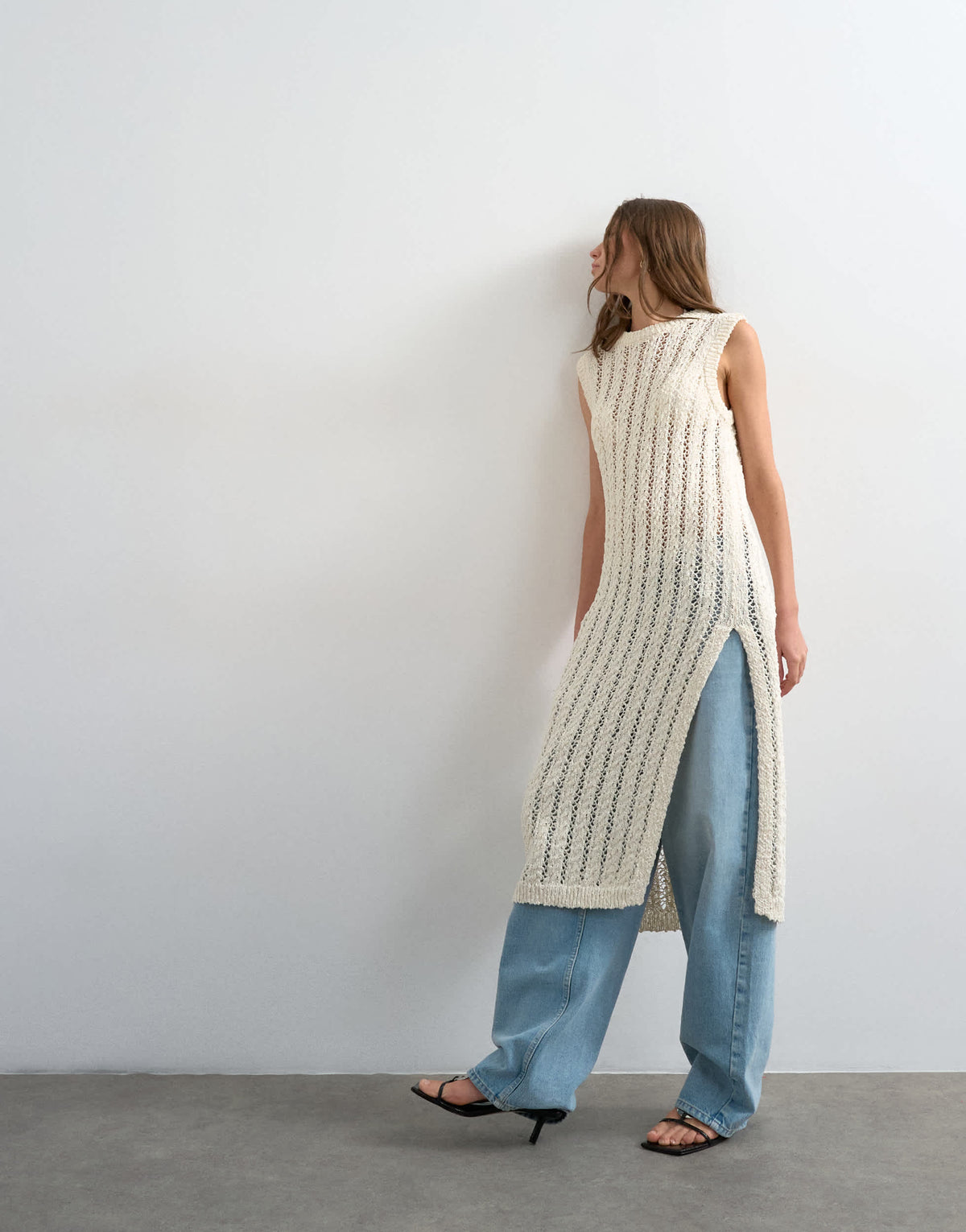 Topshop knitted textured open stitch sleeveless dress in ivory