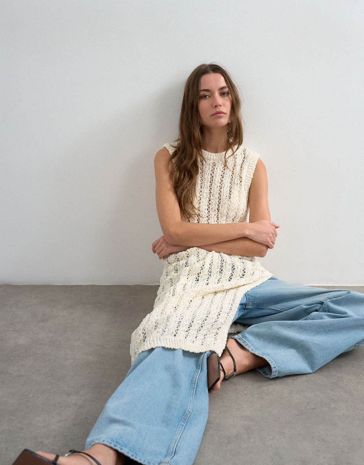 Topshop knitted textured open stitch sleeveless dress in ivory