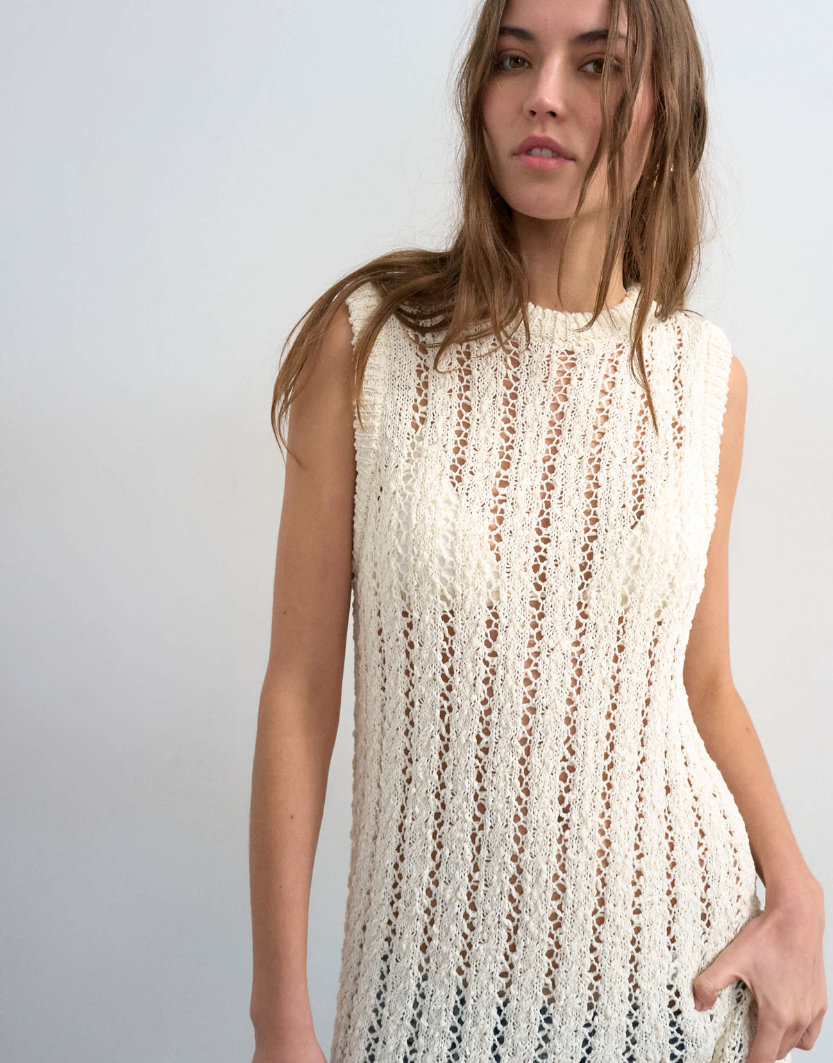 Topshop knitted textured open stitch sleeveless dress in ivory