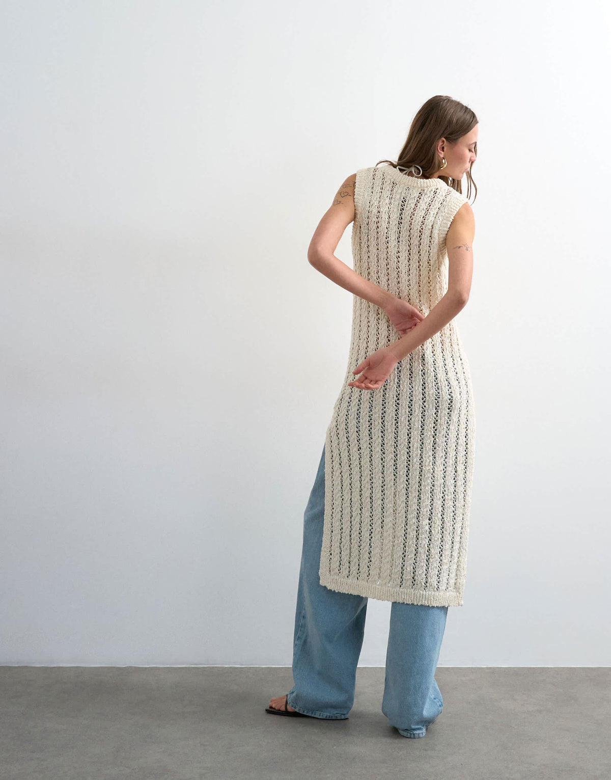 Topshop knitted textured open stitch sleeveless dress in ivory