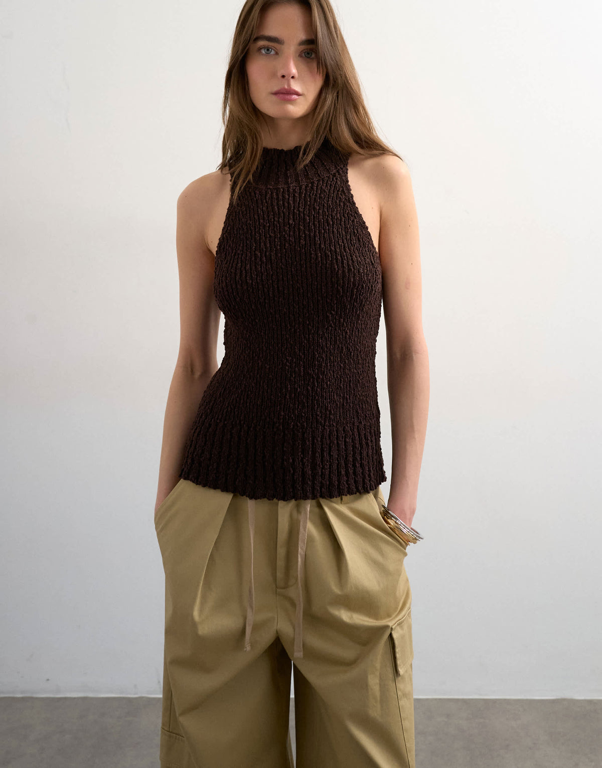 Topshop knitted sleeveless textured grown on vest in chocolate