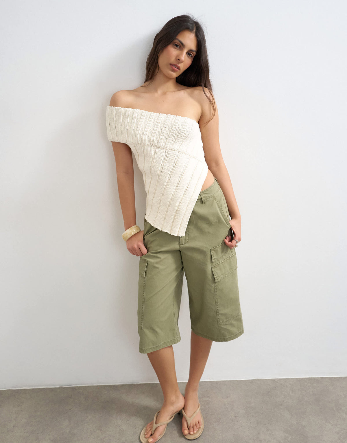 Topshop knitted one shoulder asymmetric top in ivory