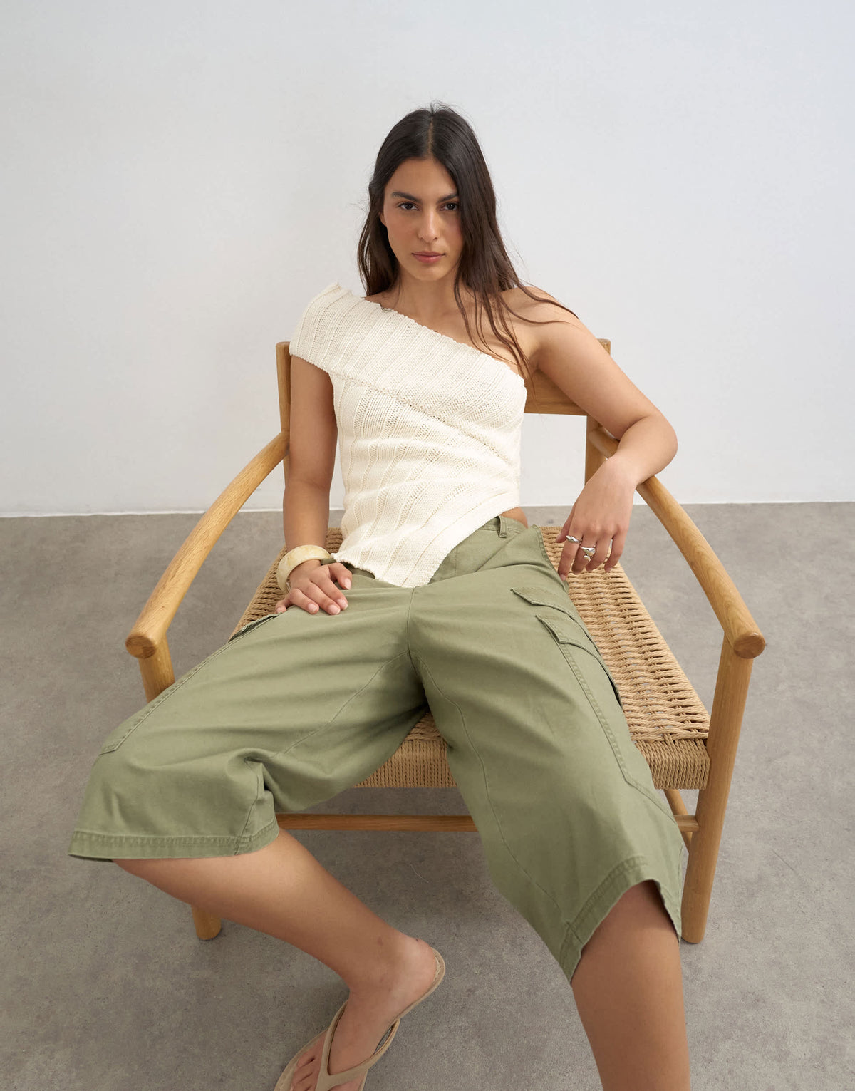 Topshop knitted one shoulder asymmetric top in ivory