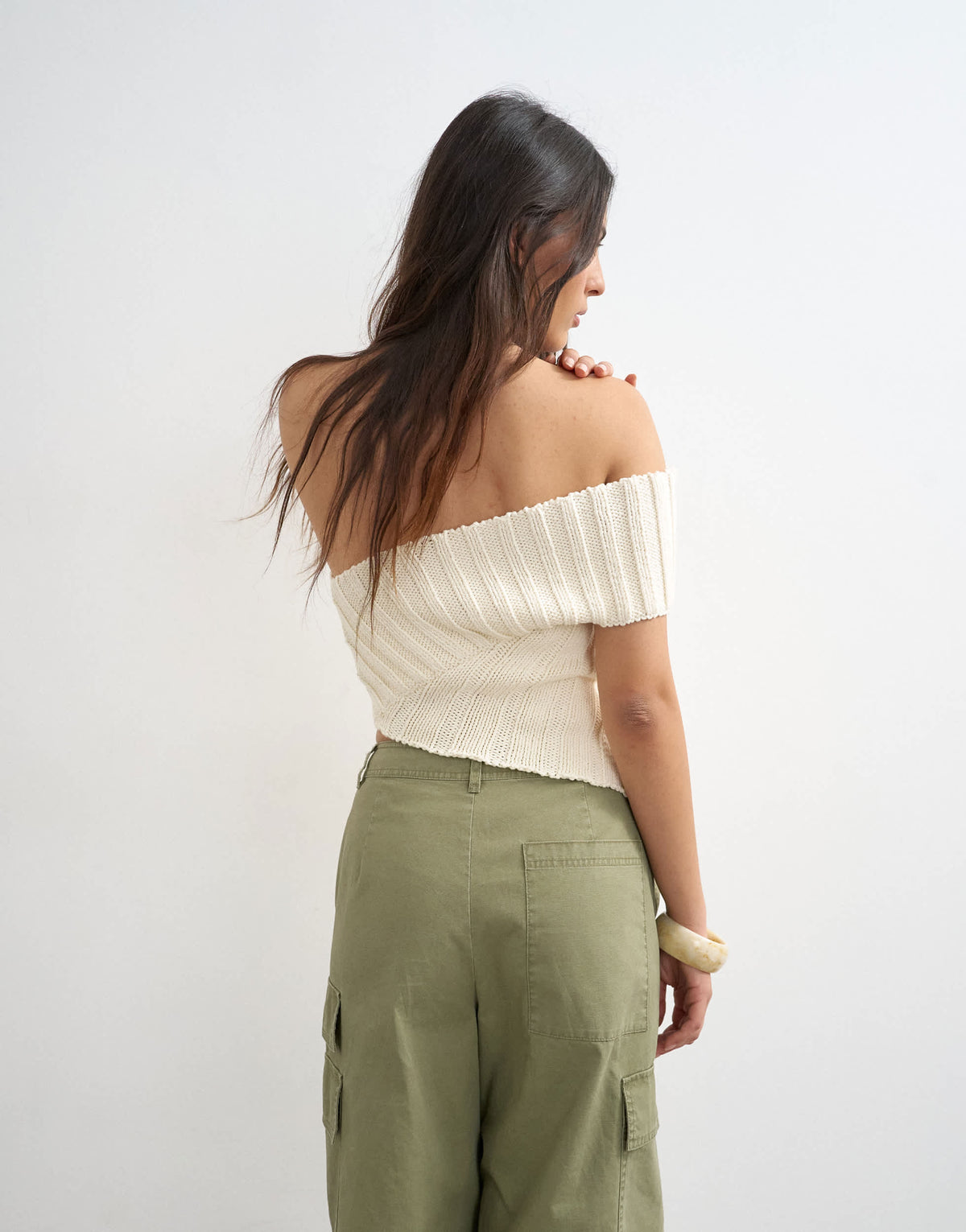 Topshop knitted one shoulder asymmetric top in ivory