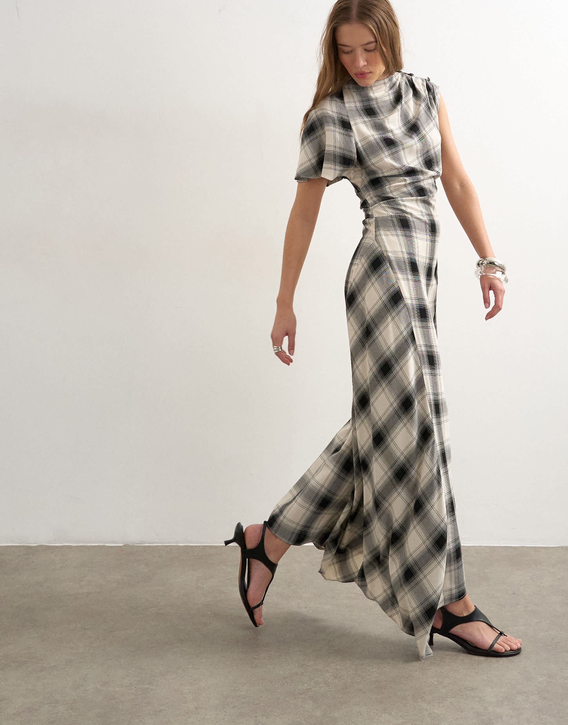 Topshop asymmetric tuck side maxi dress in mono check print