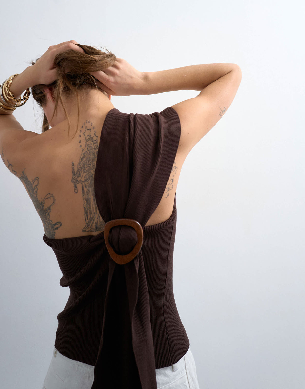 Topshop knitted ribbed wrap scarf top in chocolate