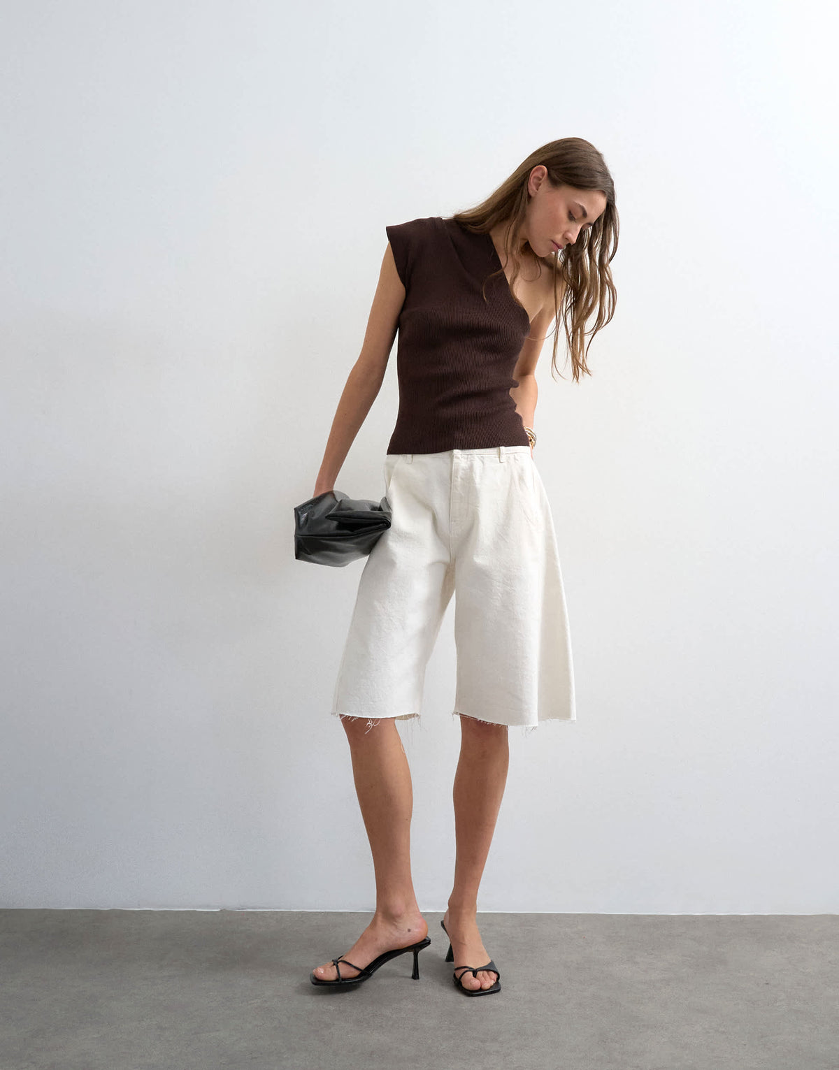 Topshop knitted ribbed wrap scarf top in chocolate