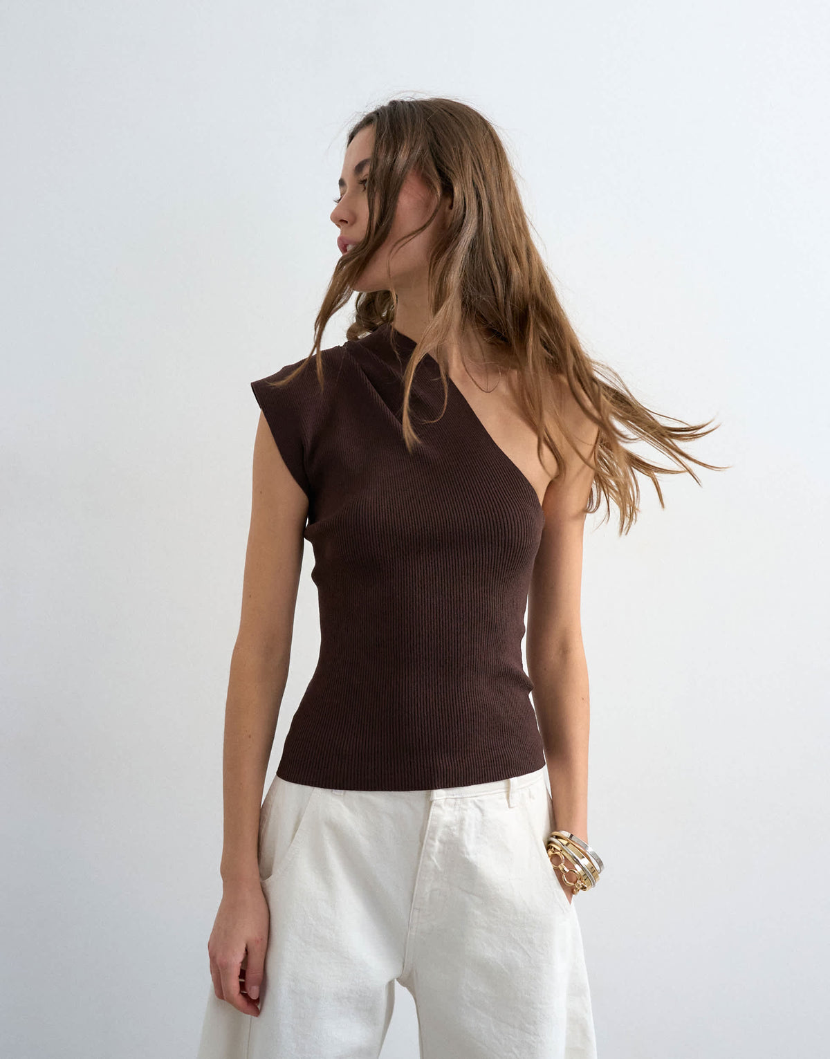 Topshop knitted ribbed wrap scarf top in chocolate