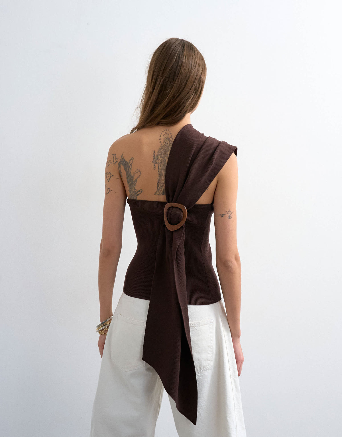 Topshop knitted ribbed wrap scarf top in chocolate