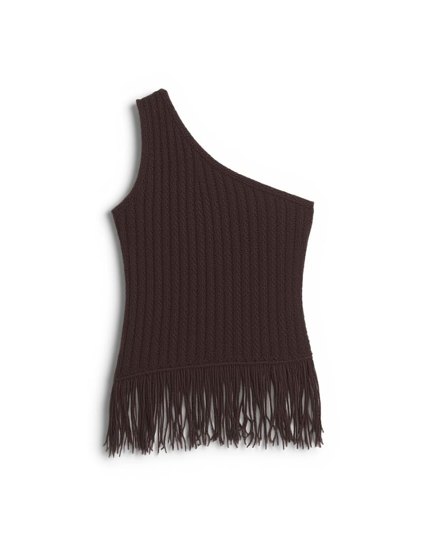 Topshop knitted one shoulder tape yarn co-ord fringing top in chocolate
