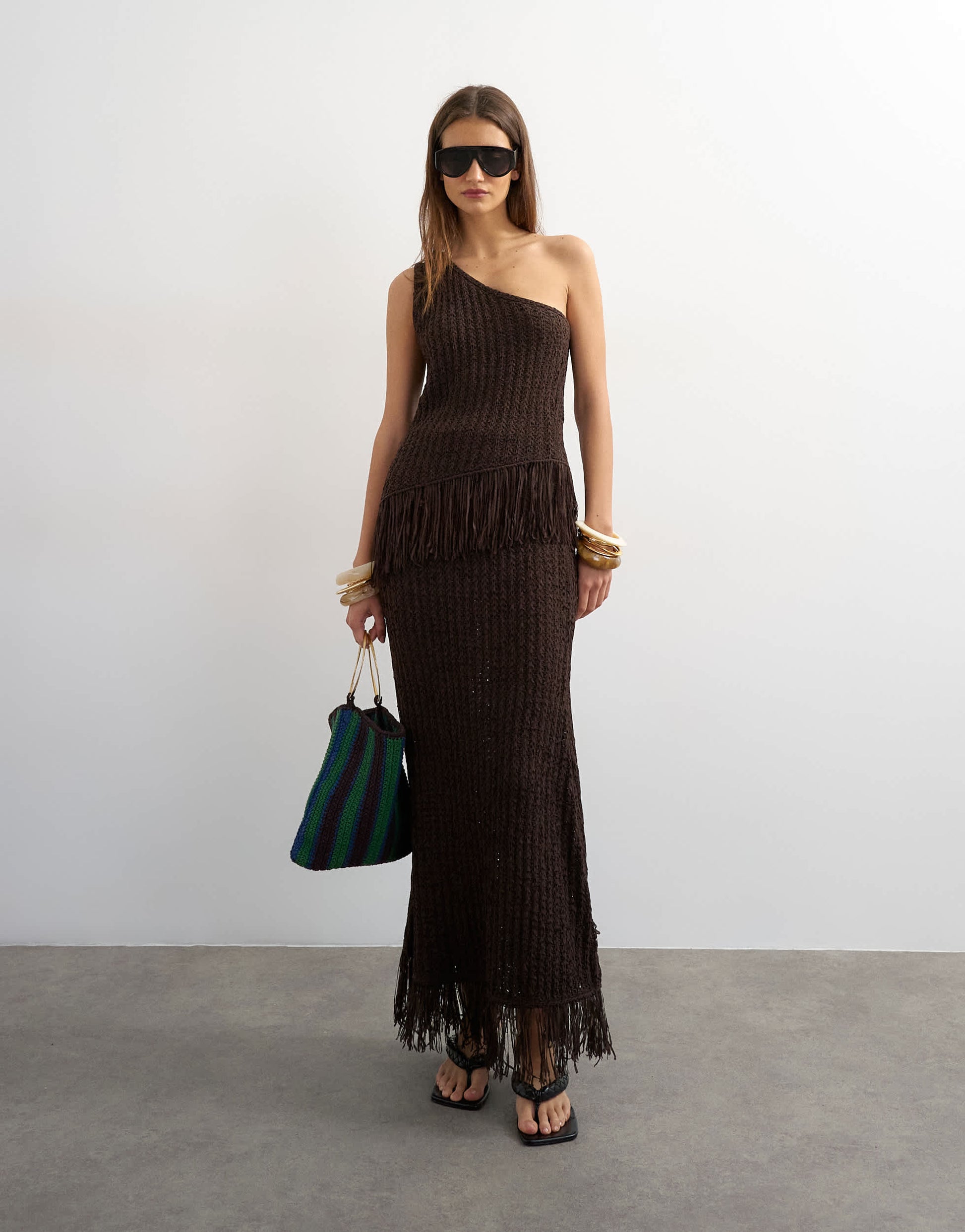 Topshop knitted one shoulder tape yarn co-ord fringing top in chocolate