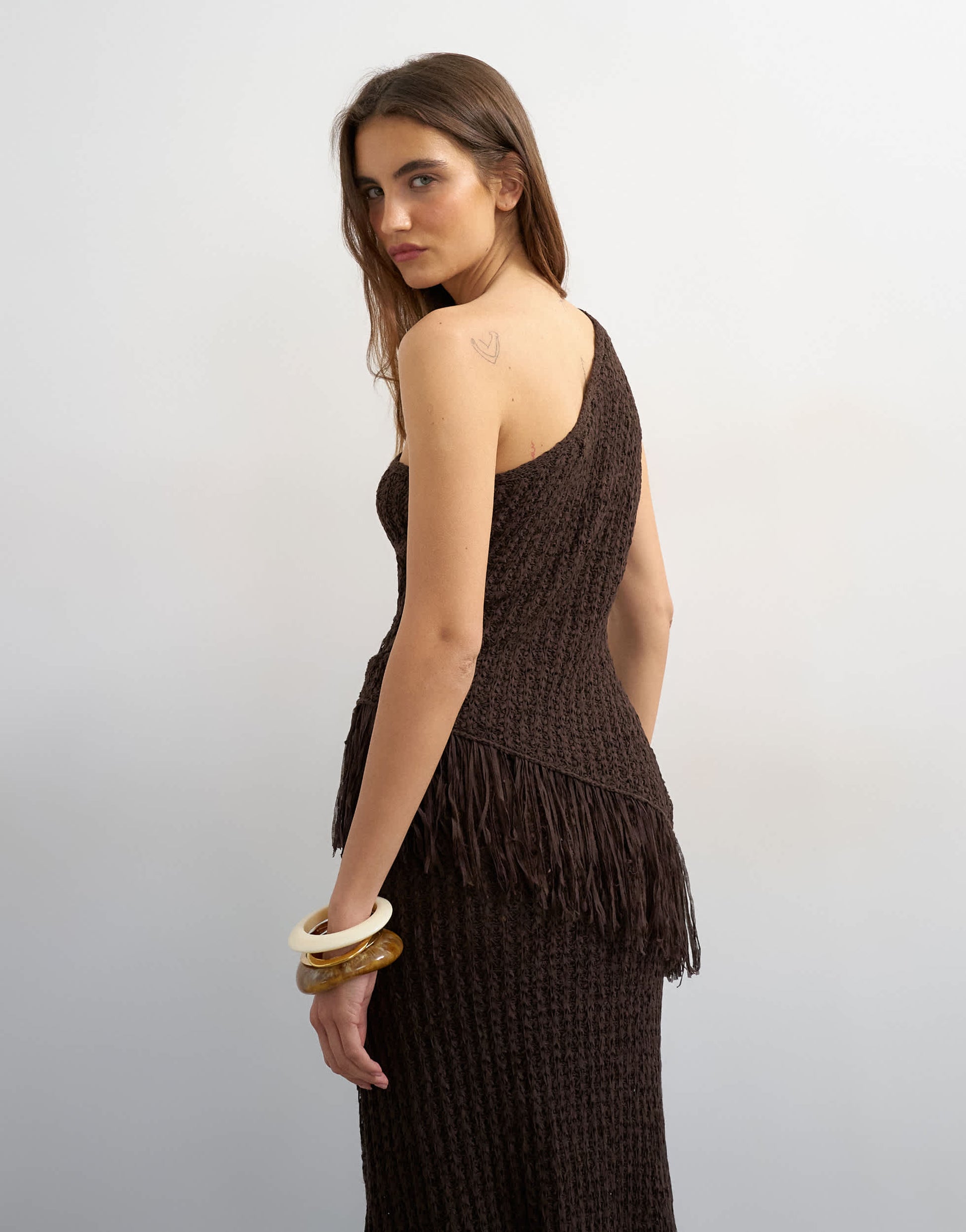 Topshop knitted one shoulder tape yarn co-ord fringing top in chocolate