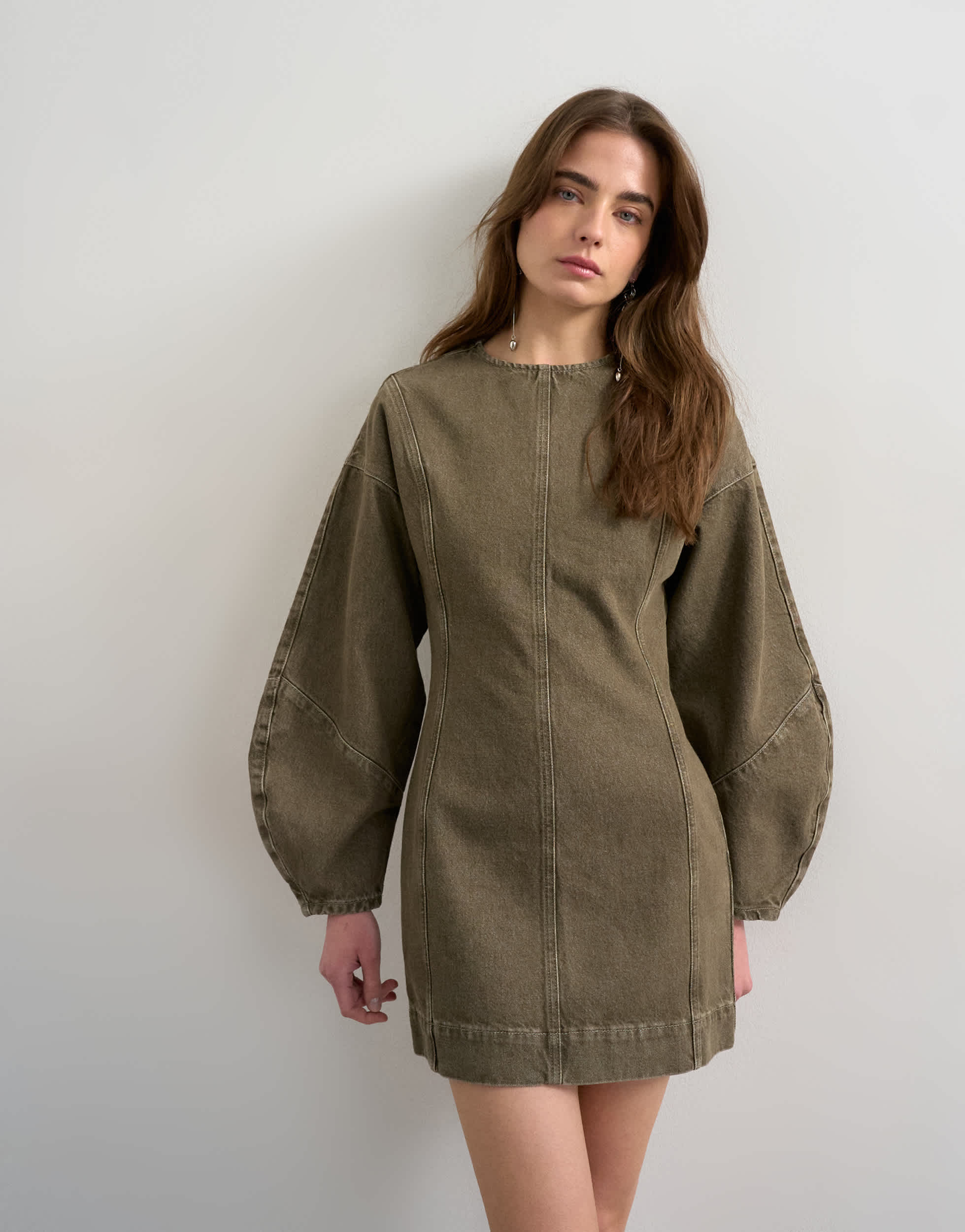 Topshop denim ovoid sleeve mini dress khaki