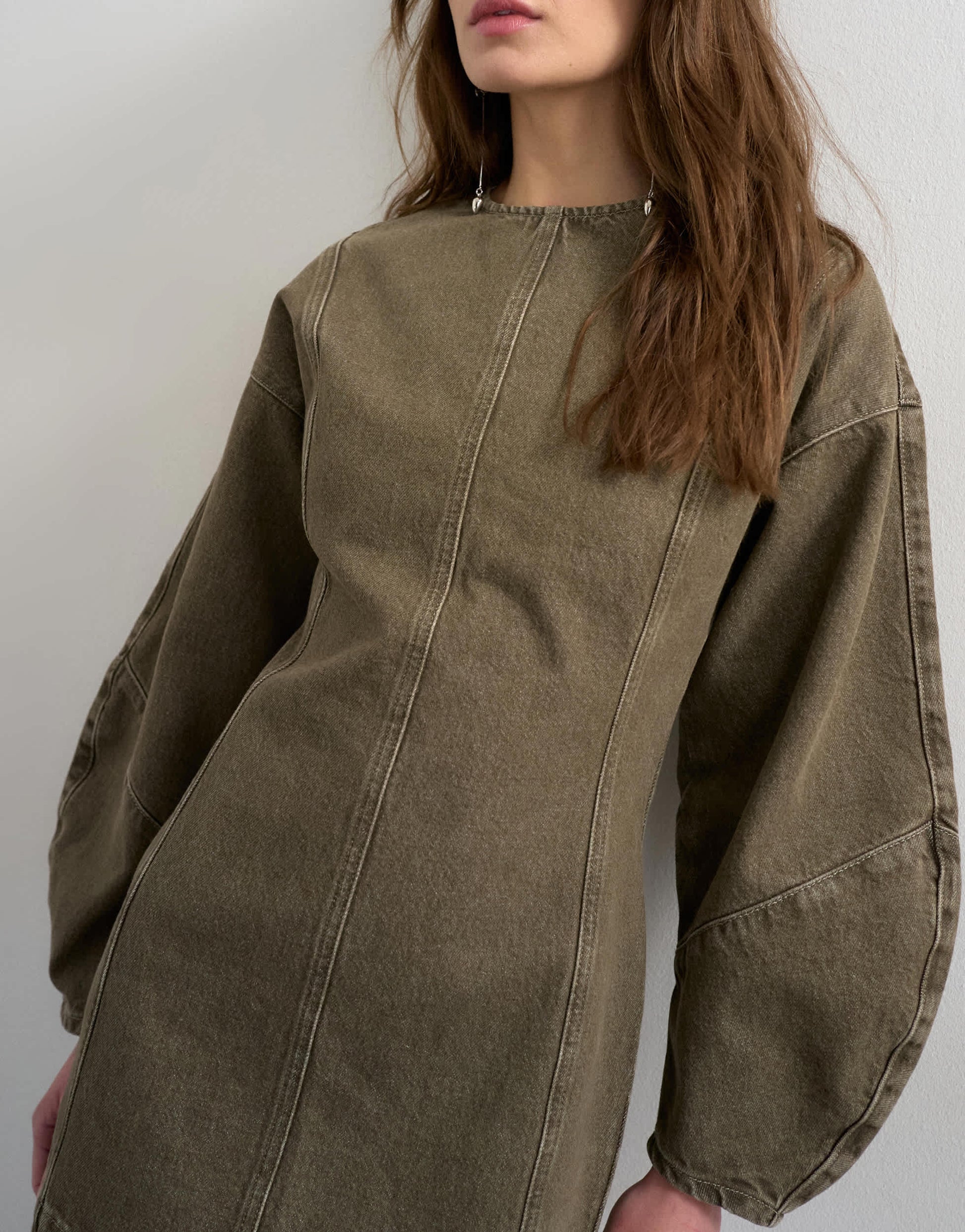 Topshop denim ovoid sleeve mini dress khaki