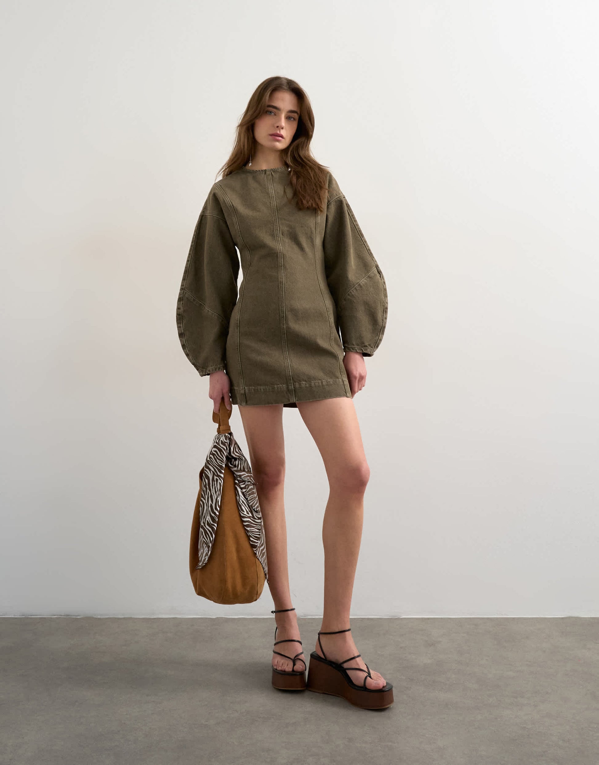 Topshop denim ovoid sleeve mini dress khaki