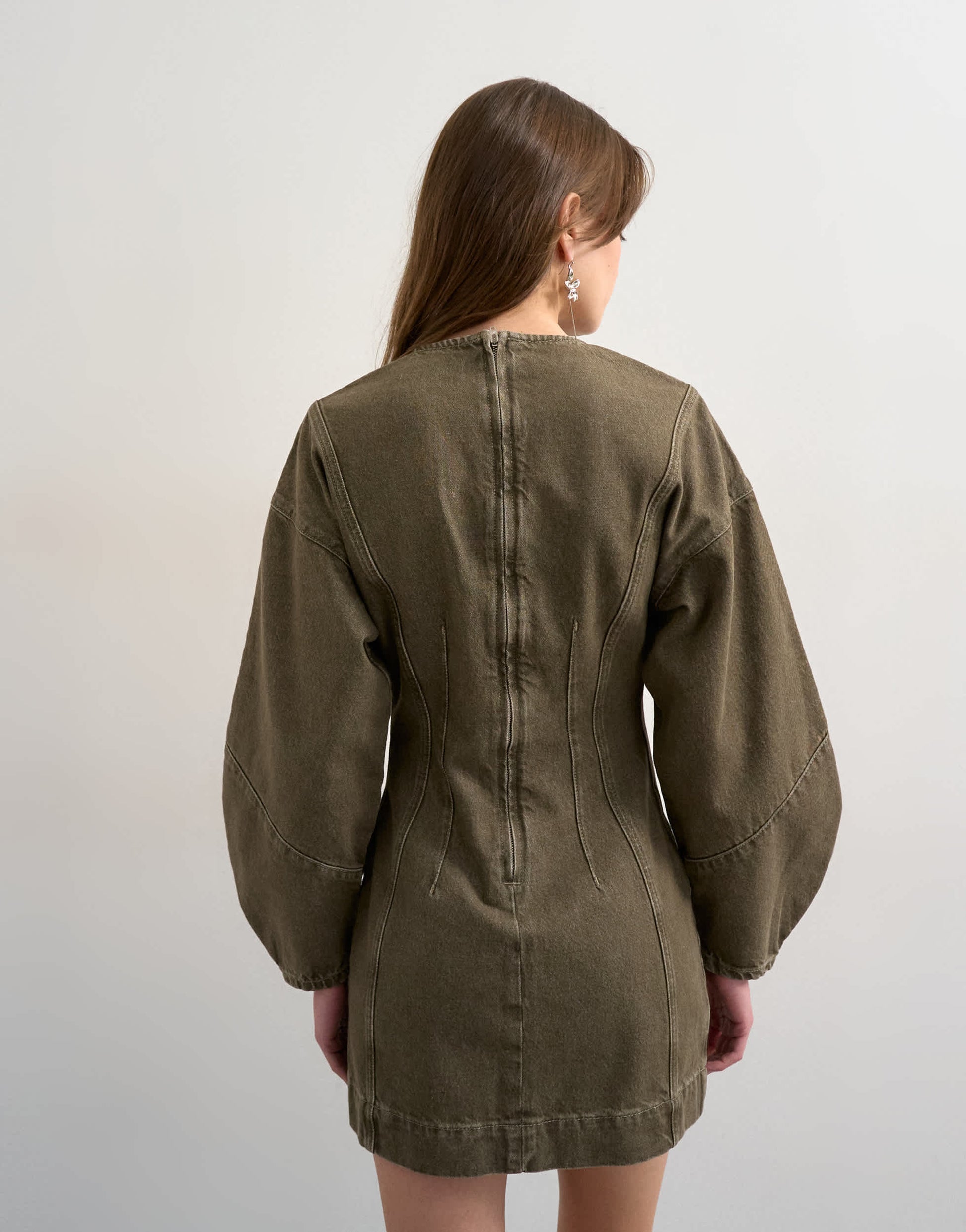 Topshop denim ovoid sleeve mini dress khaki