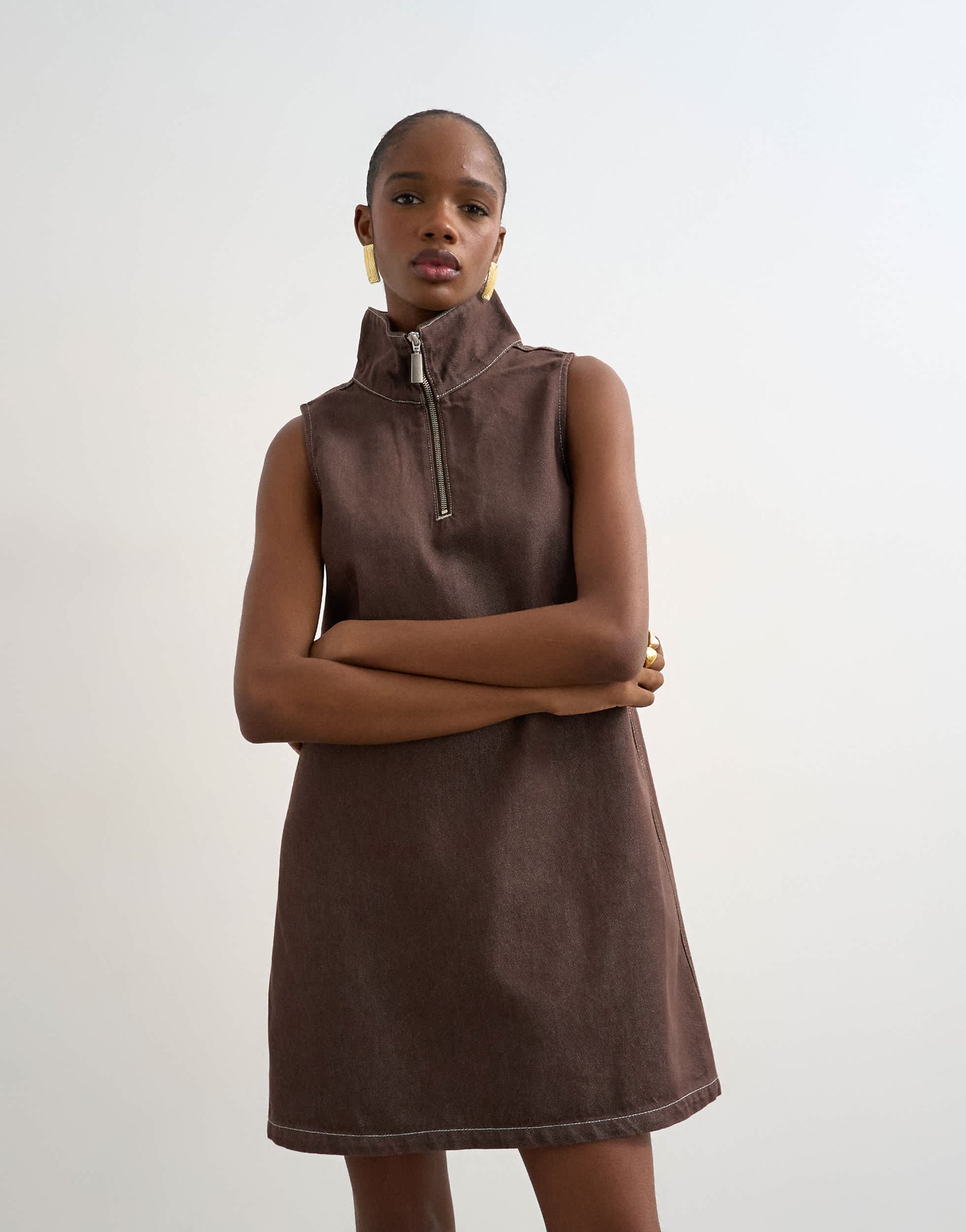 Topshop denim funnel neck pinny dress choc rinse