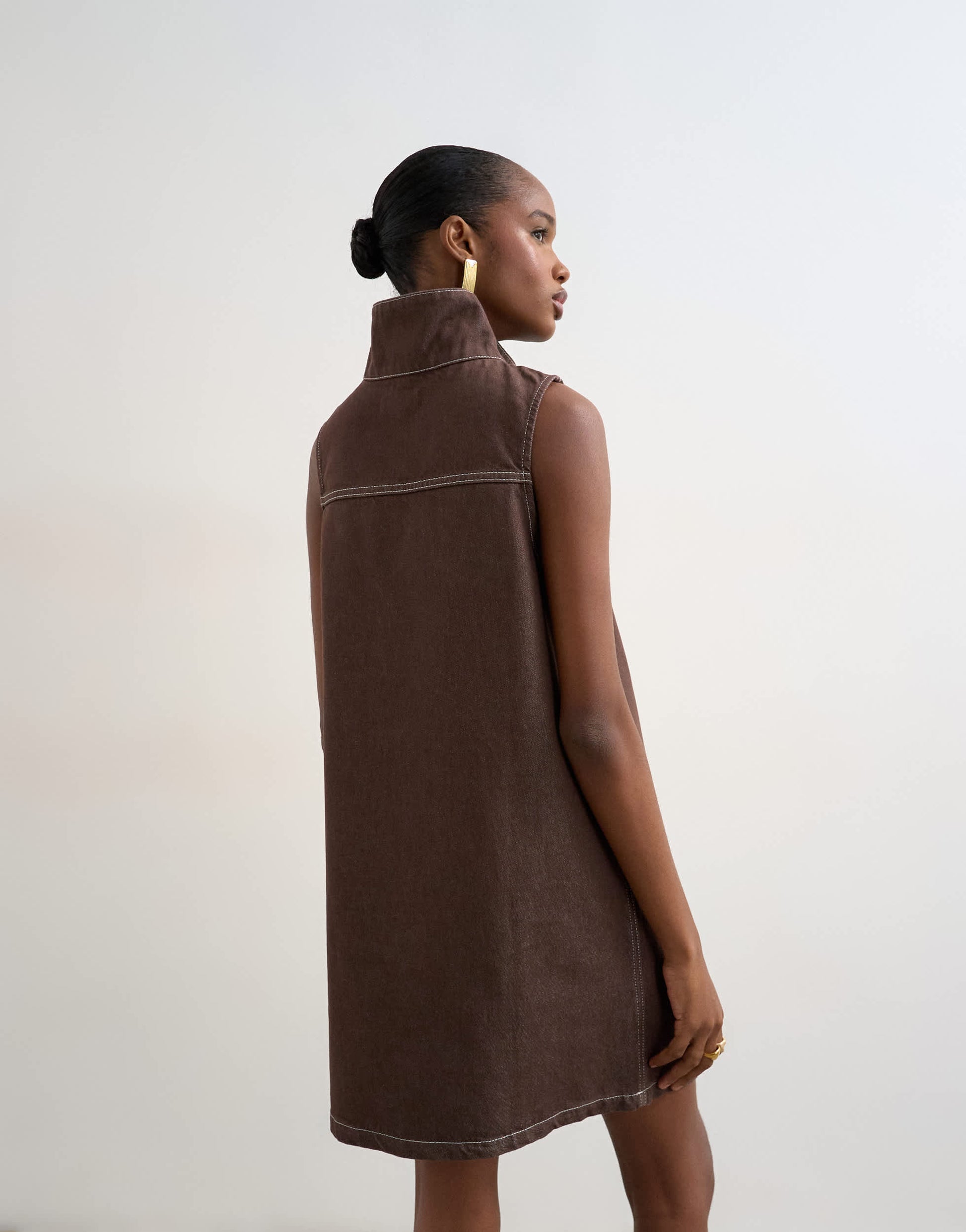 Topshop denim funnel neck pinny dress choc rinse