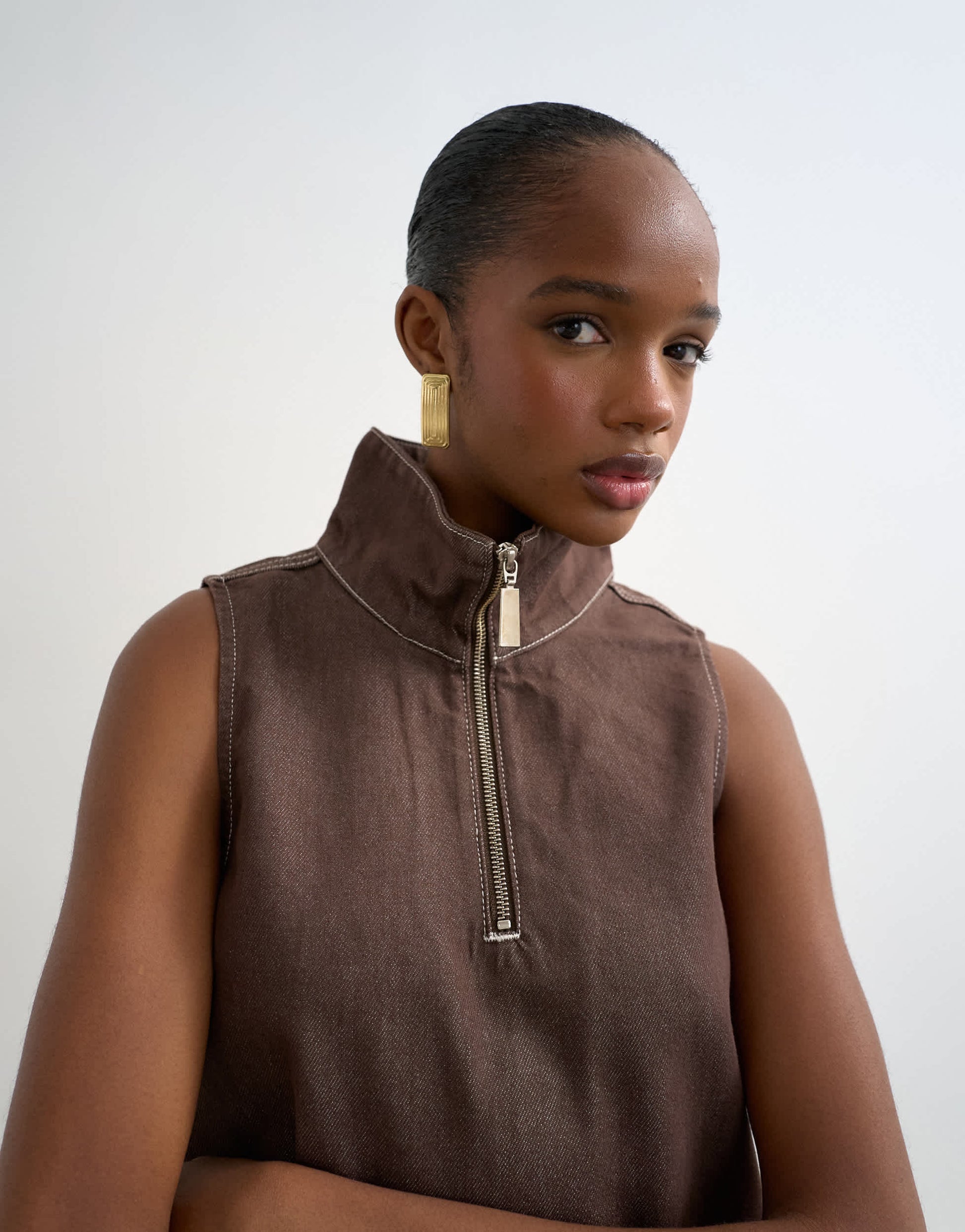 Topshop denim funnel neck pinny dress choc rinse