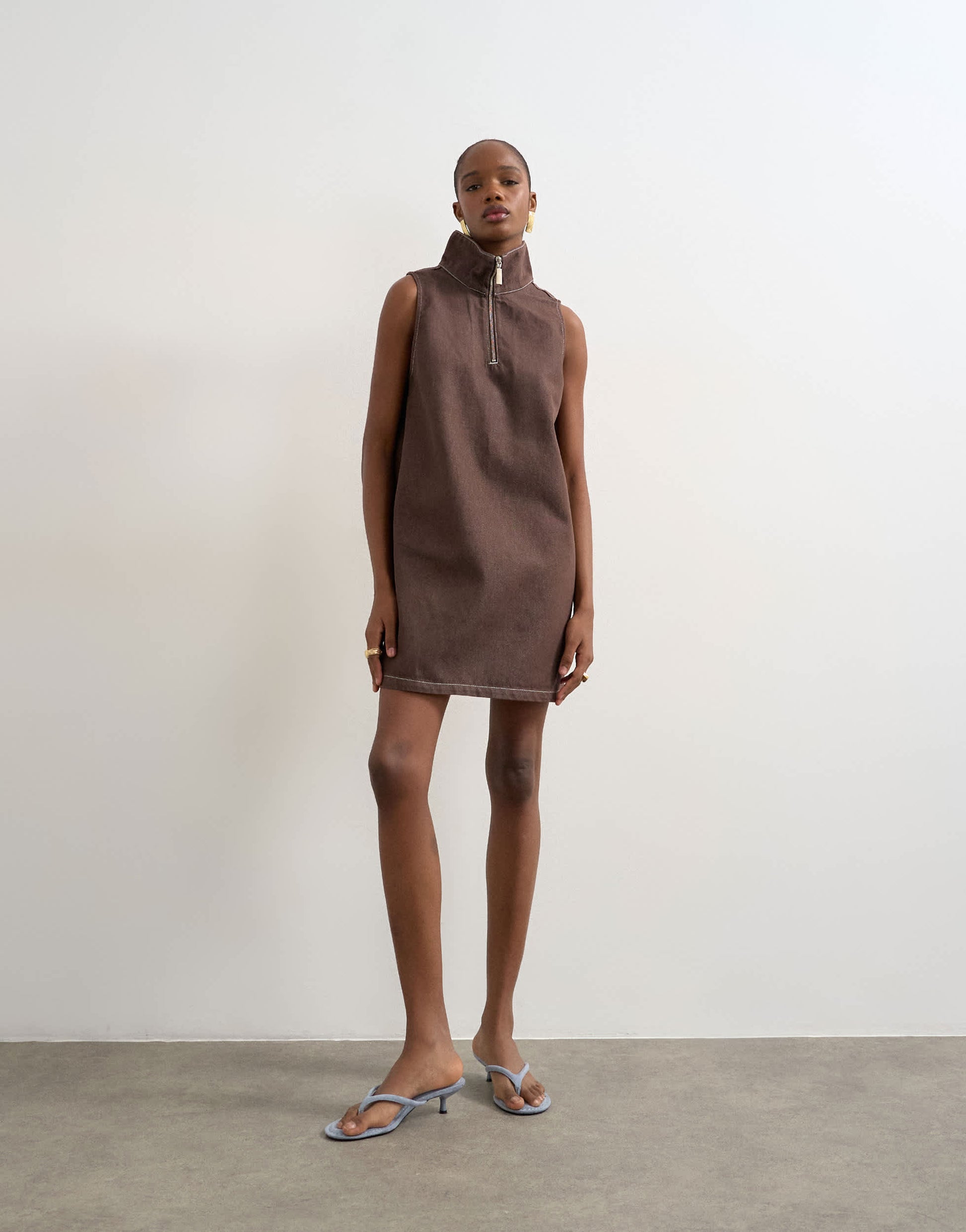 Topshop denim funnel neck pinny dress choc rinse