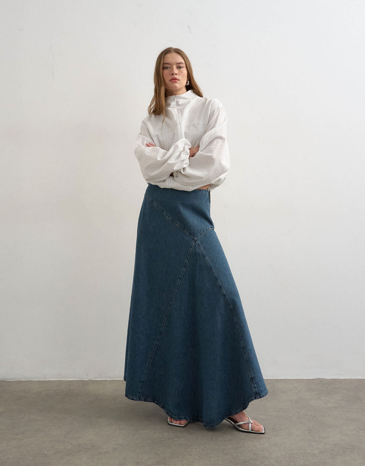Topshop denim asymmetric dropped waist maxi skirt in blue grey