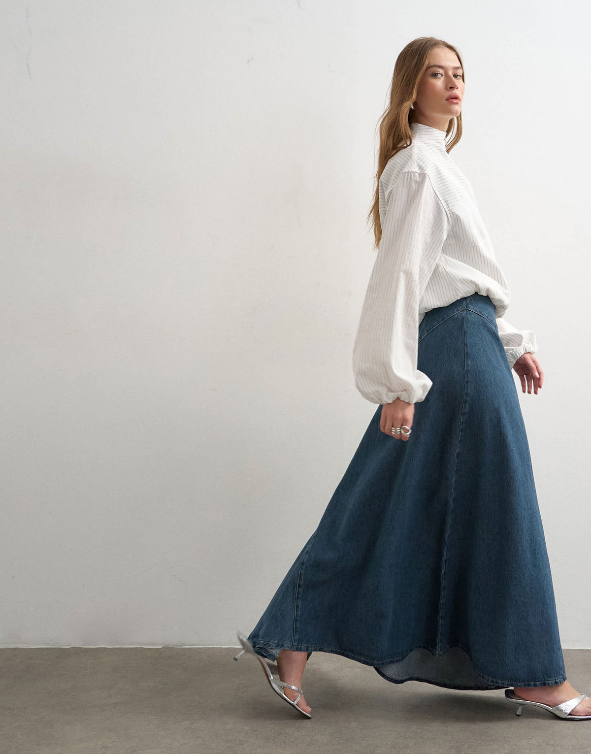 Topshop denim asymmetric dropped waist maxi skirt in blue grey