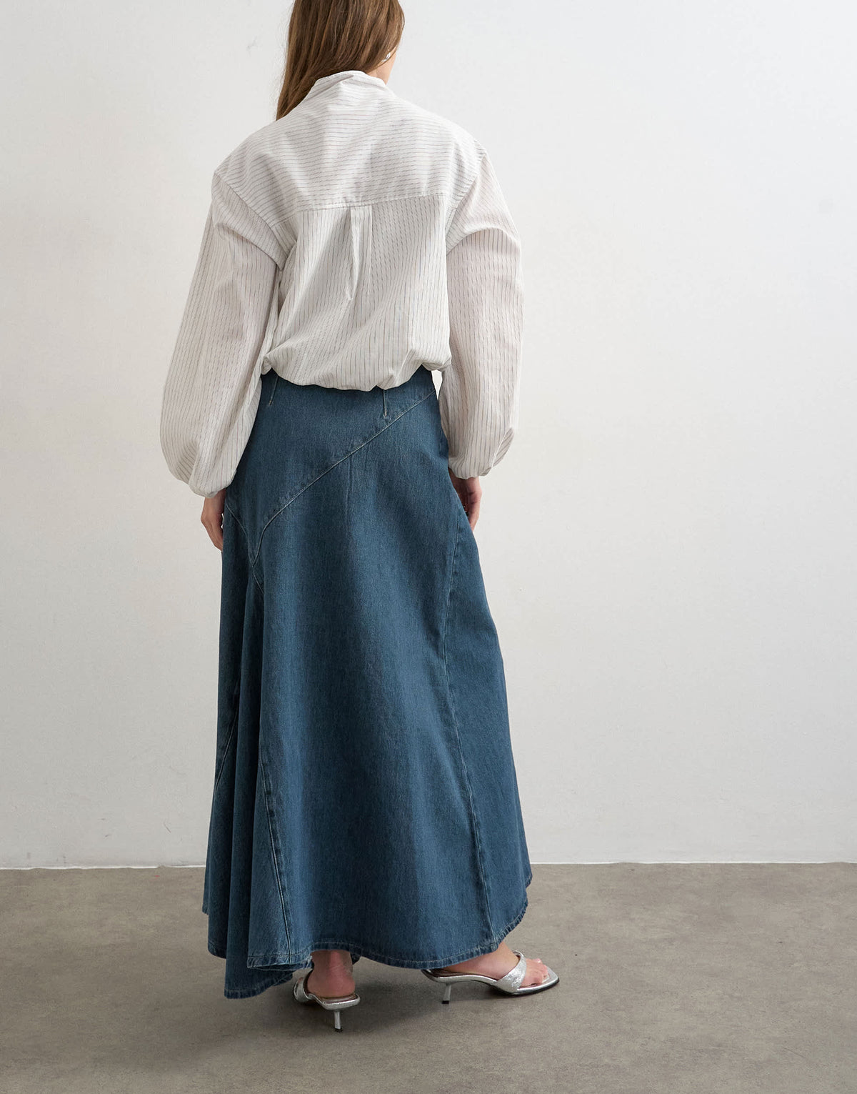 Topshop denim asymmetric dropped waist maxi skirt in blue grey