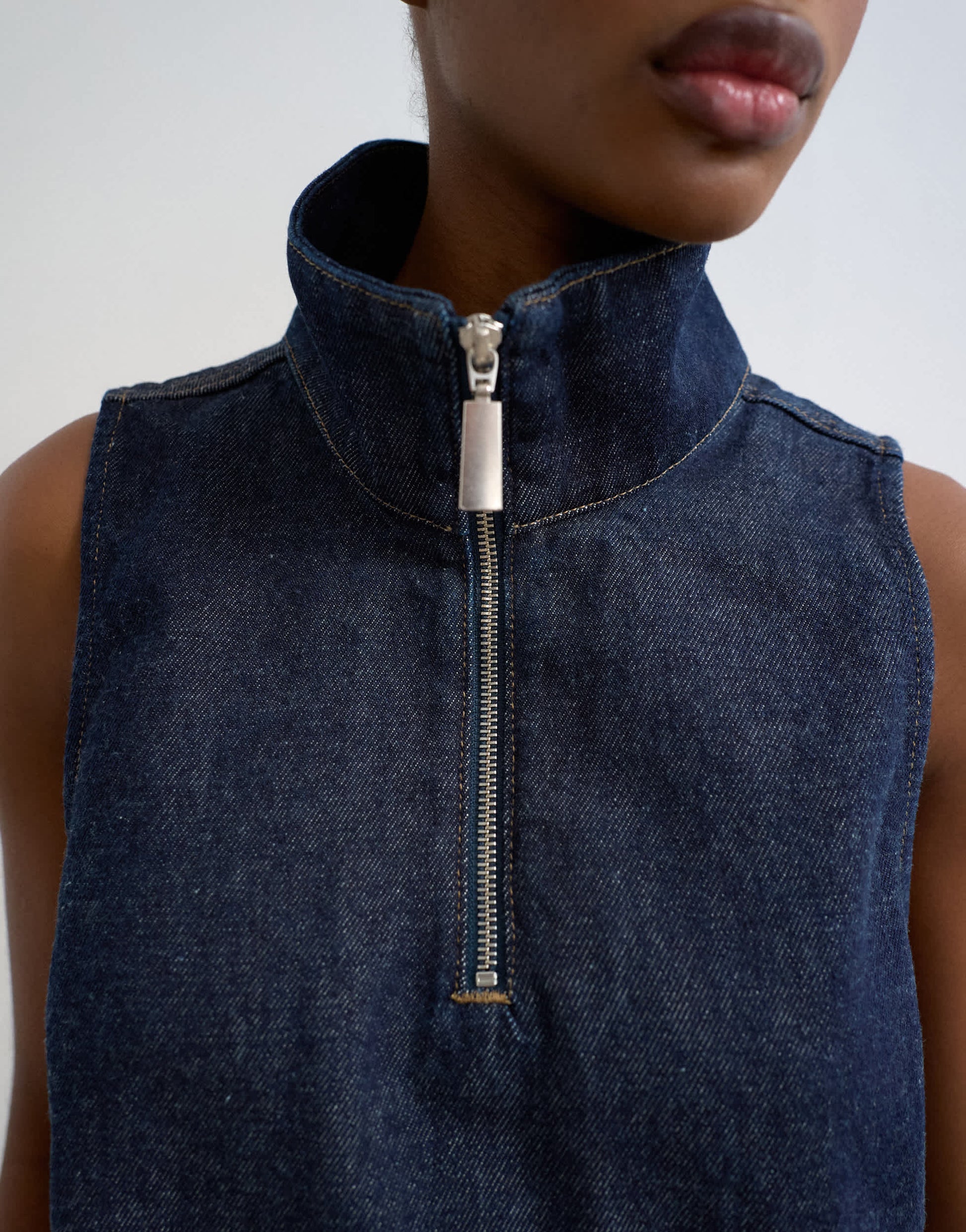 Topshop denim funnel neck pinny dress blue rinse