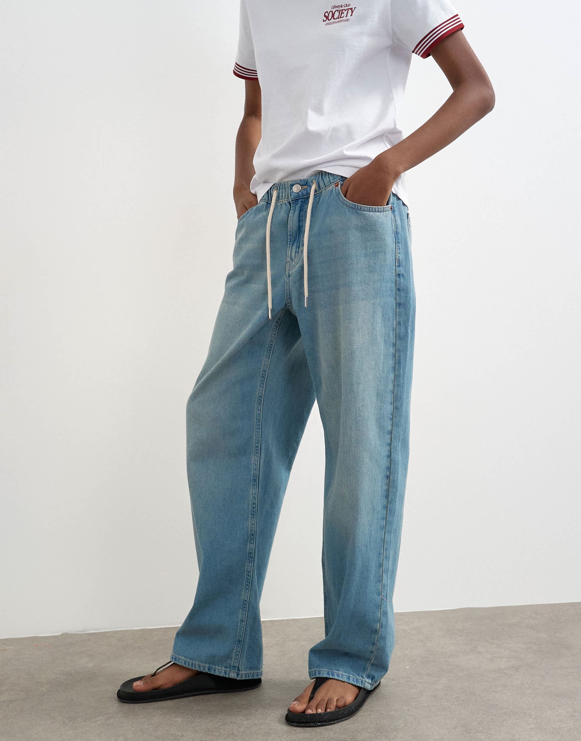 Topshop denim lightweight jogger jean in mid blue