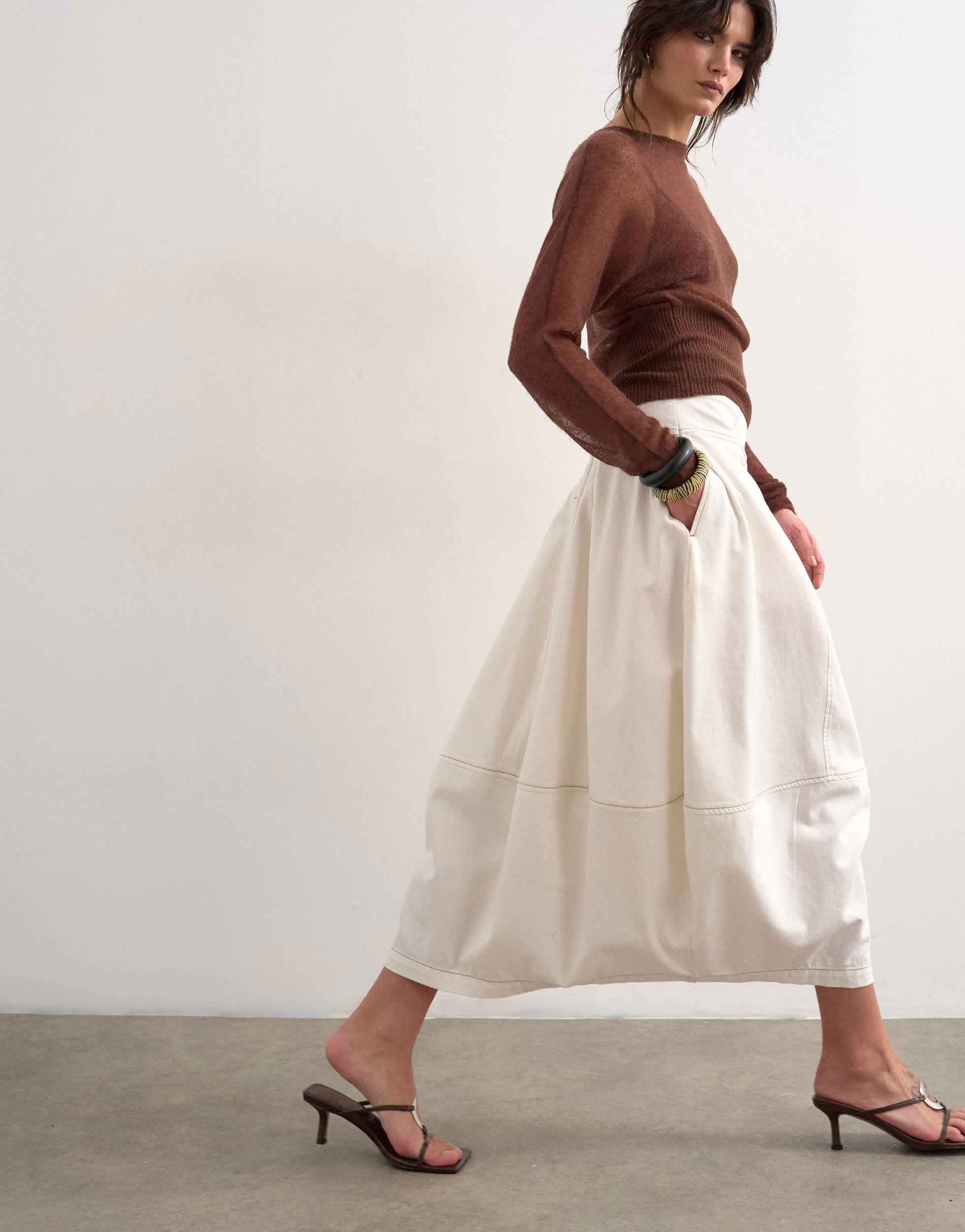 Topshop denim seamed barrel maxi skirt in bone